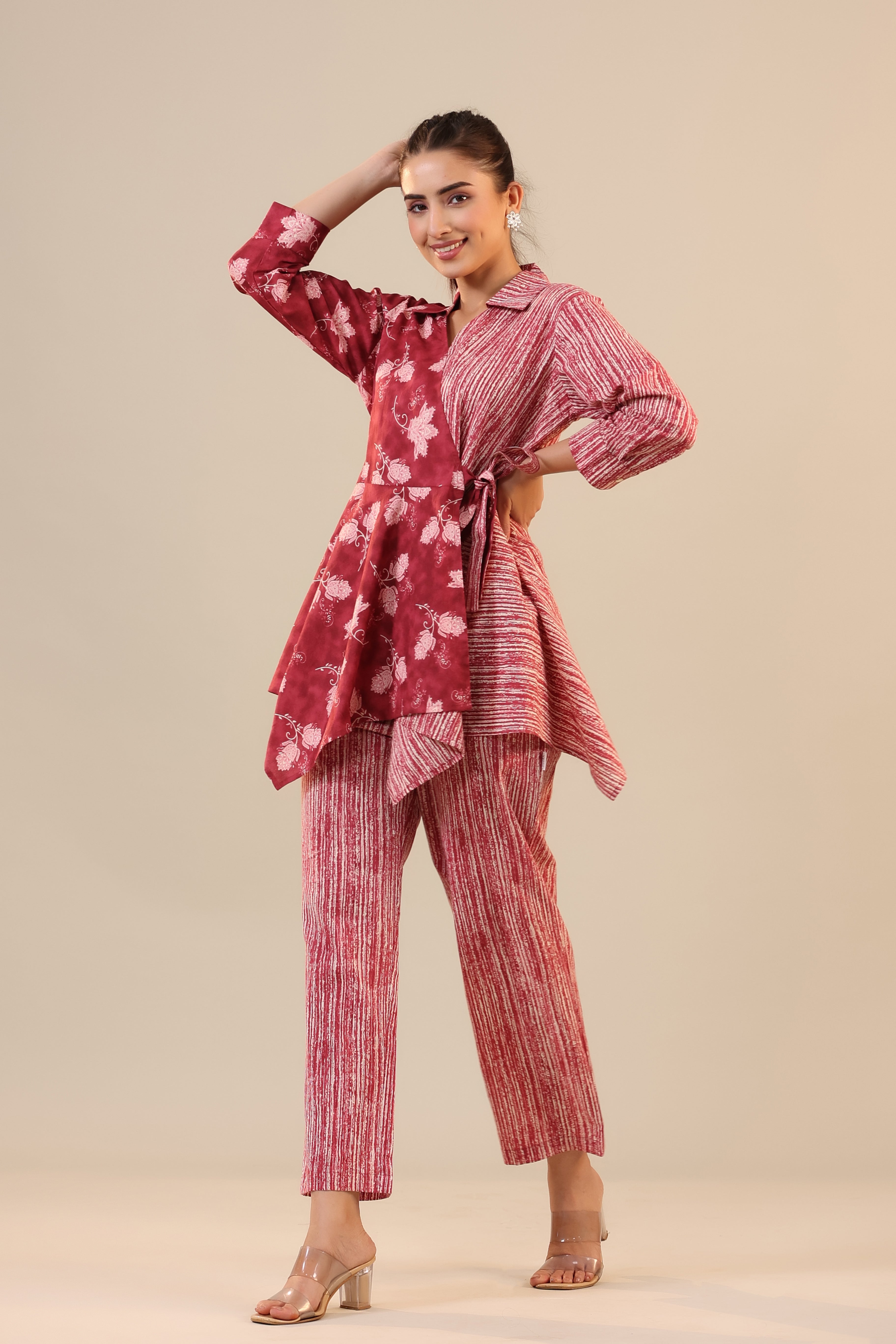 Stripes with Florals on Red Knot Cotton Co-ord Set