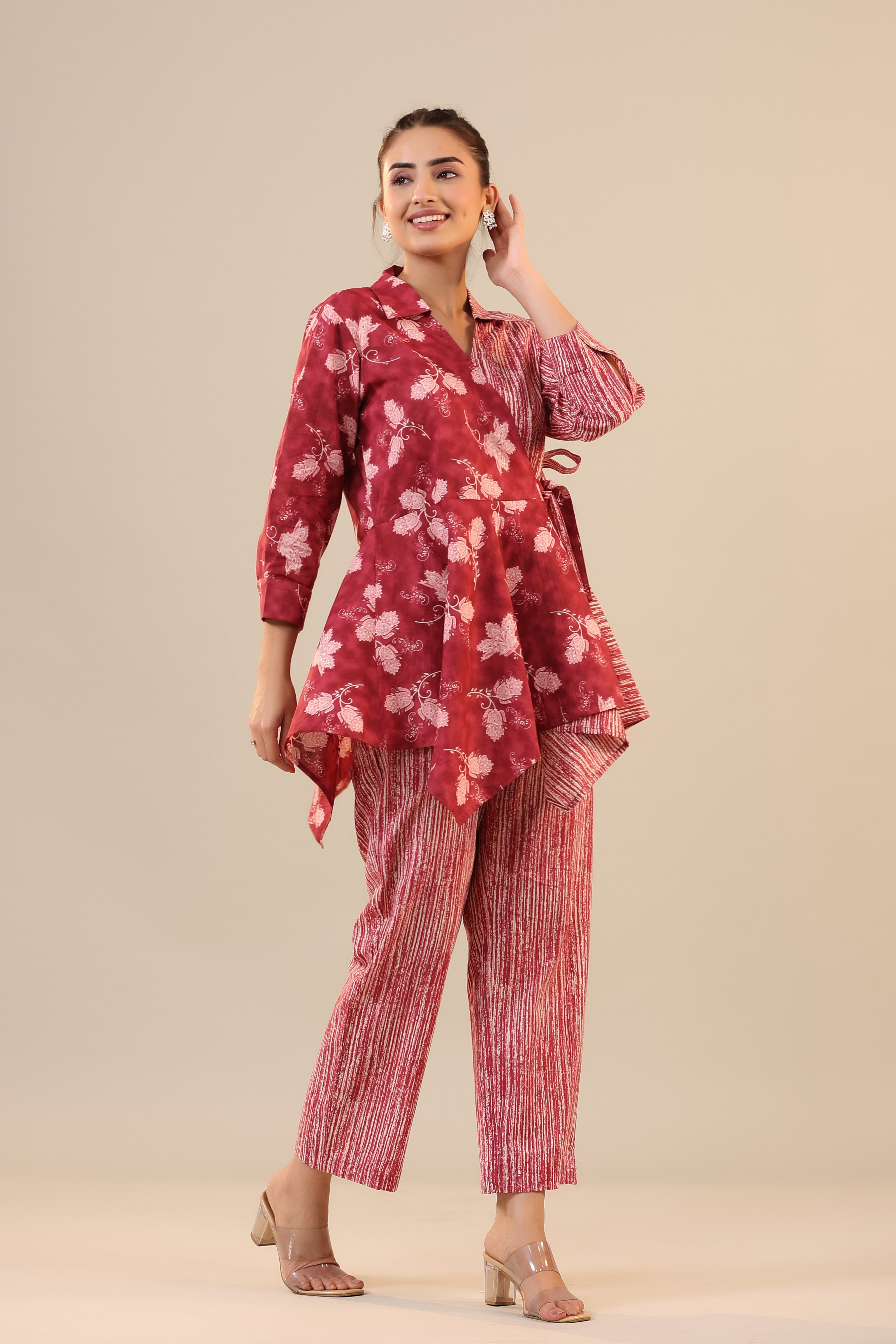 Stripes with Florals on Red Knot Cotton Co-ord Set