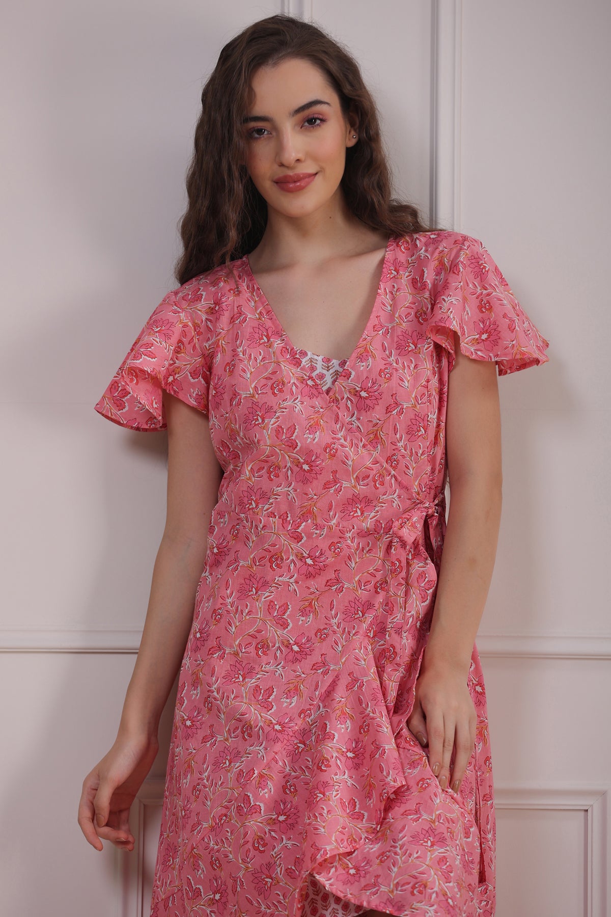 Rose Garden with White Slip Wrap-around Cotton Dress