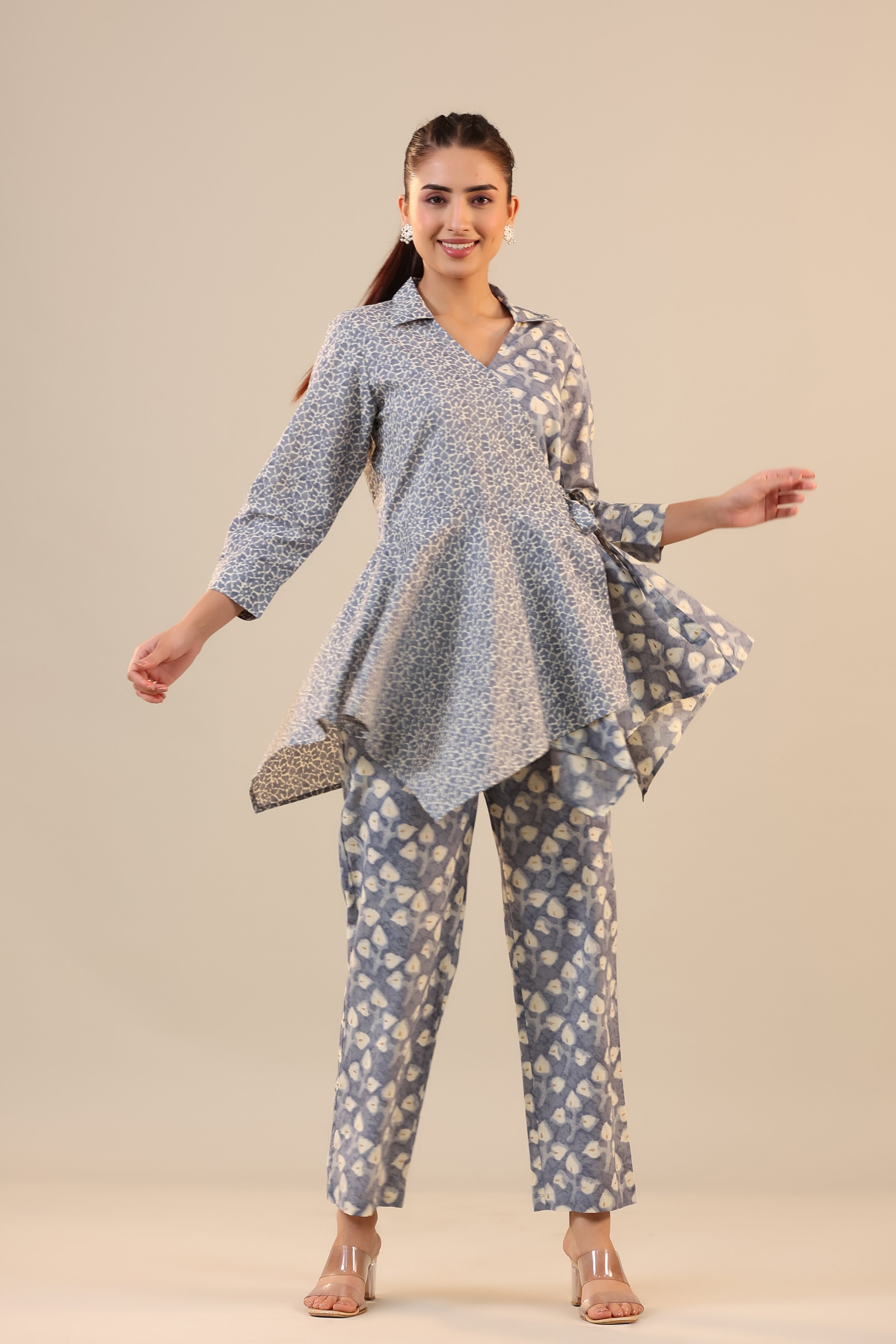 Light Blue Batik Knot Cotton Loungewear Set