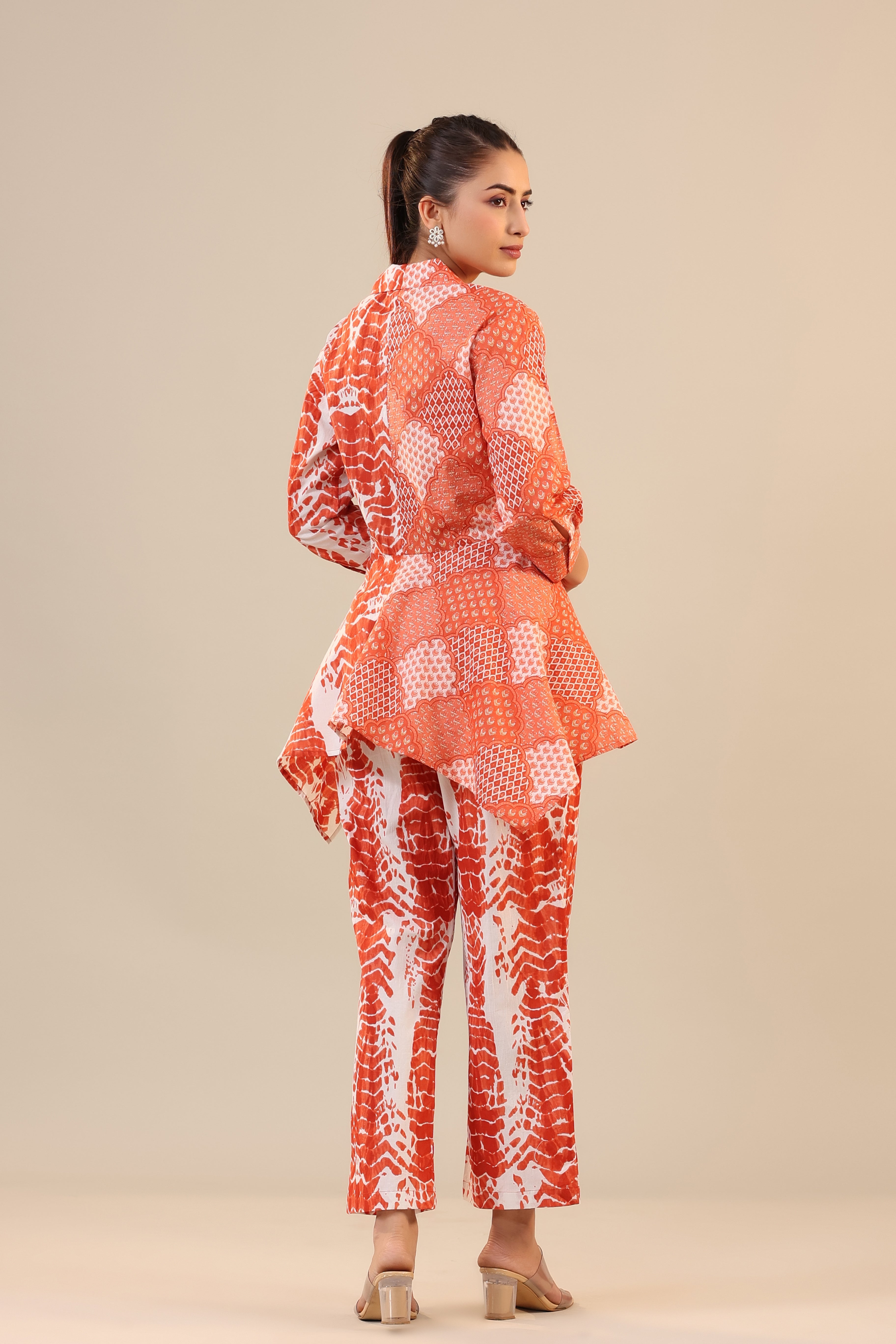 Orange abstract Shibori Knot Cotton Co-ord Set