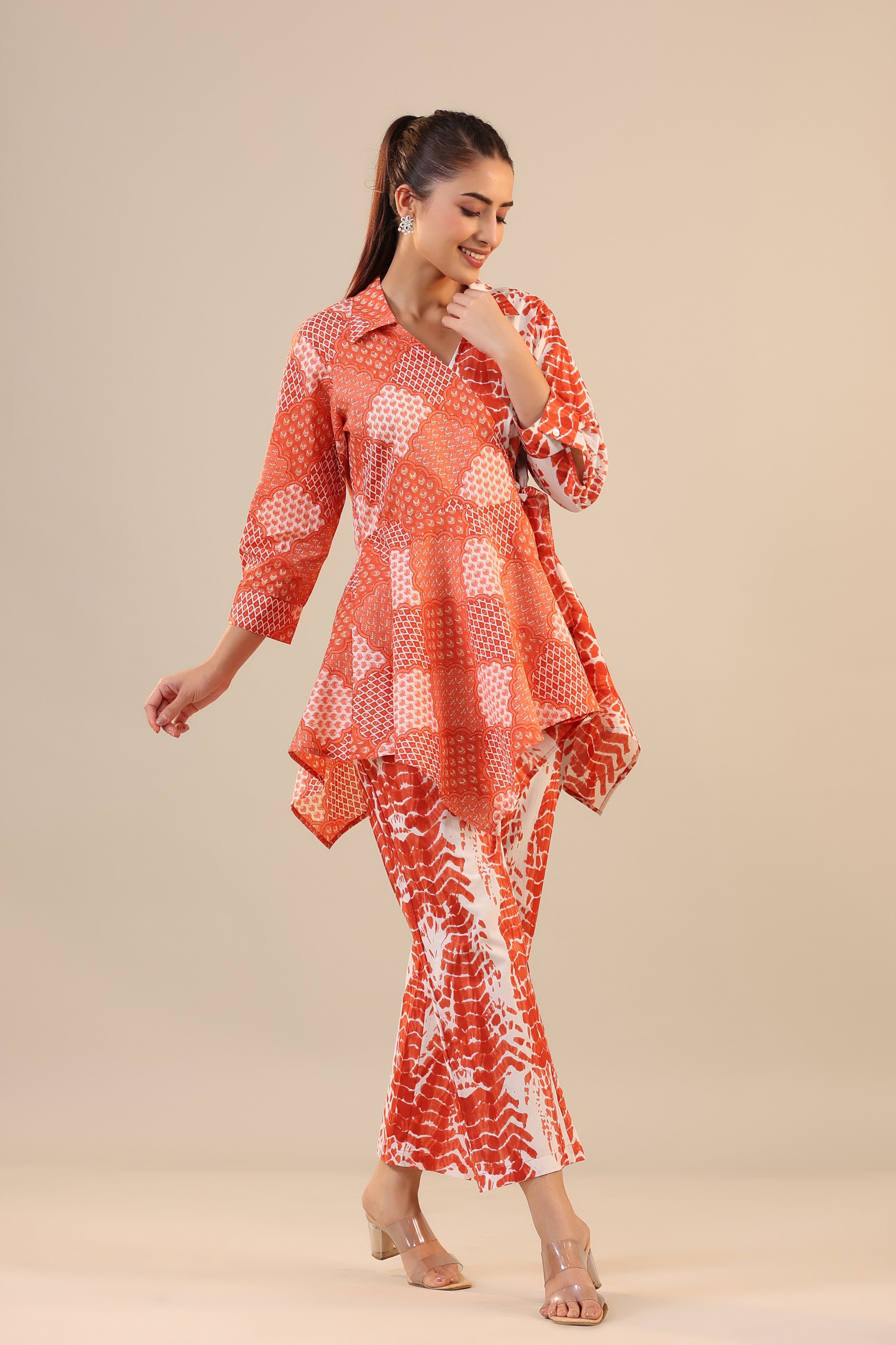 Orange abstract Shibori Knot Cotton Co-ord Set