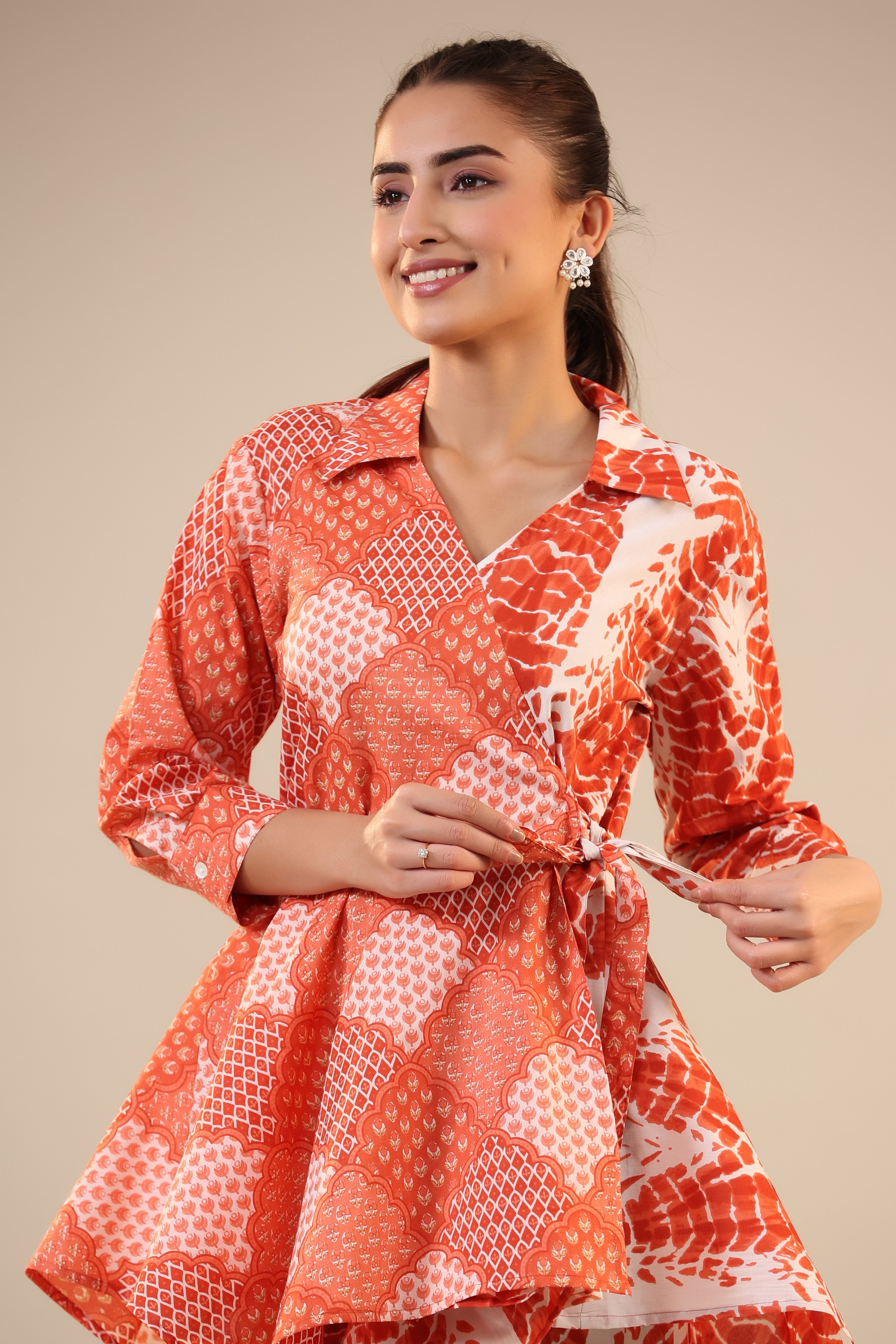 Orange abstract Shibori Knot Cotton Co-ord Set