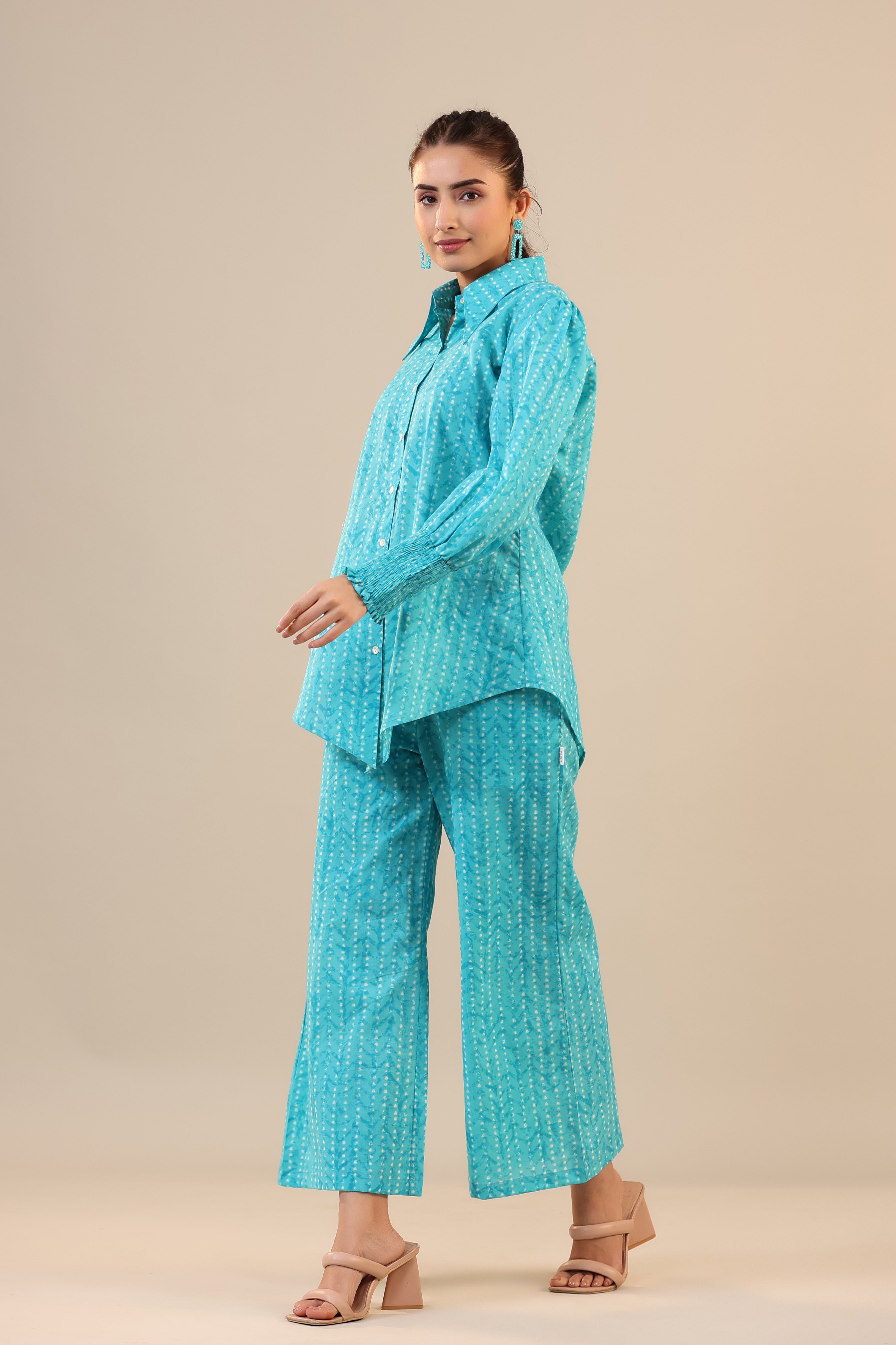 Patterned Parallels on Blue Cotton Collared Co-ord Set