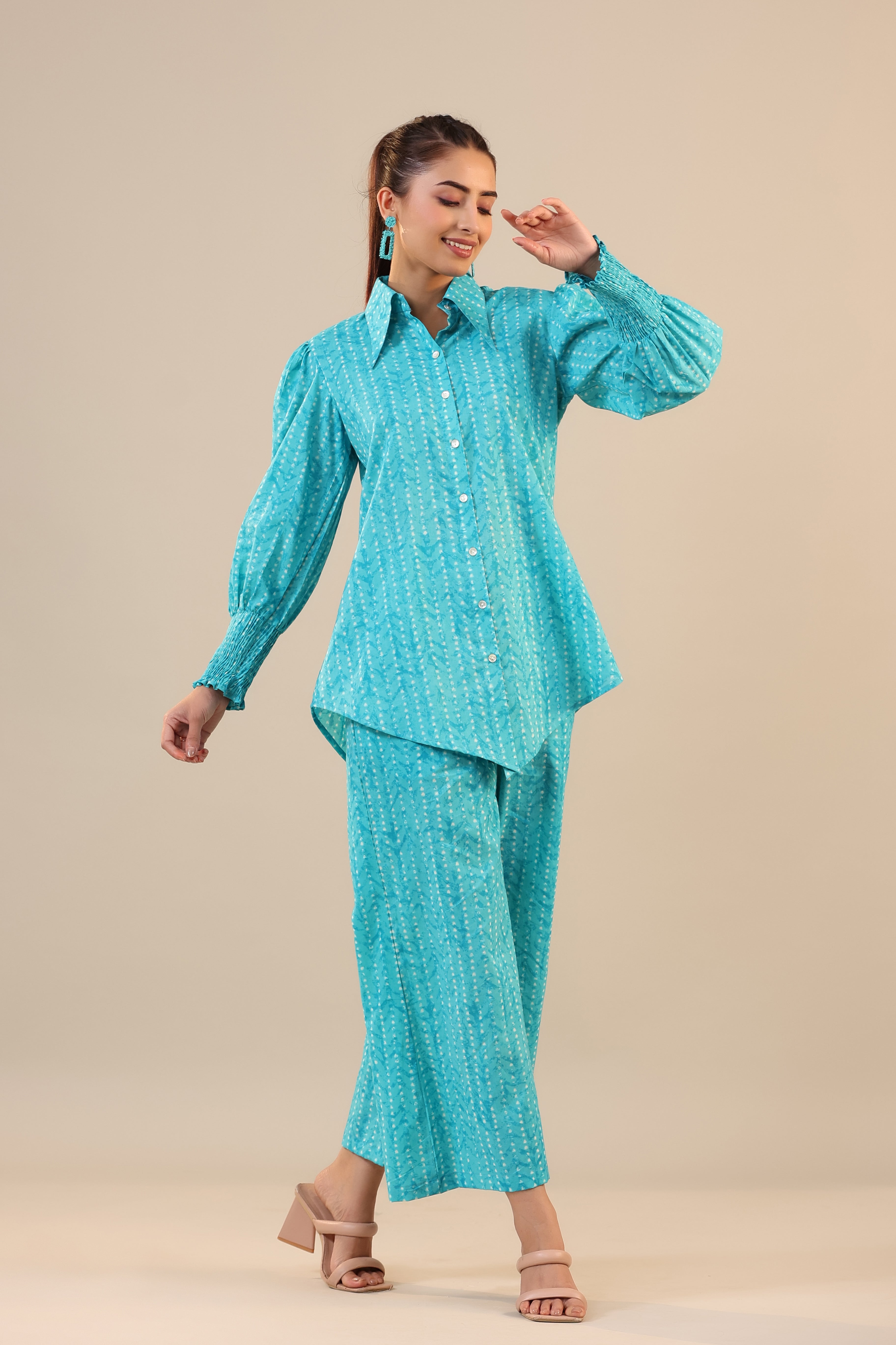 Patterned Parallels on Blue Cotton Collared Co-ord Set