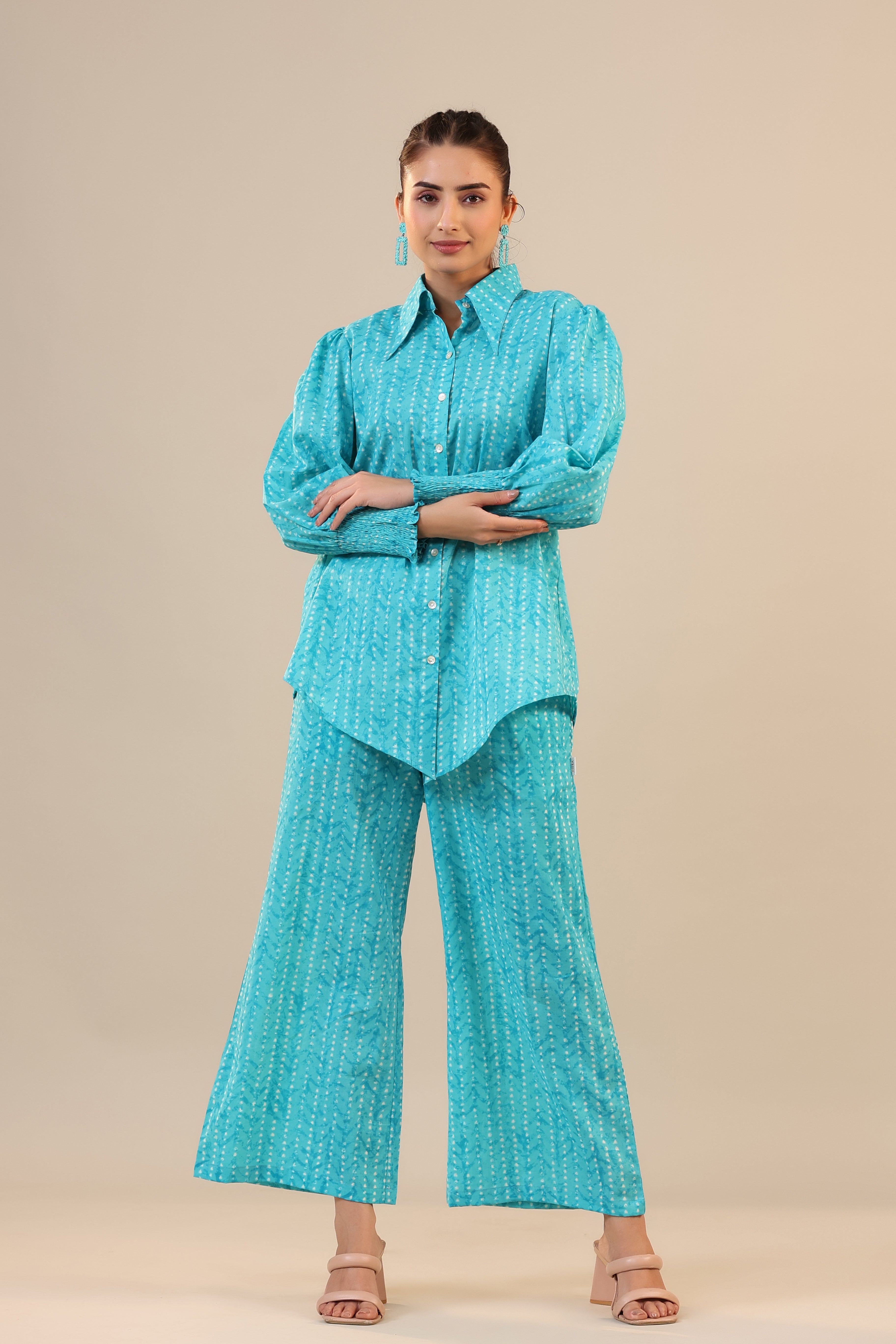 Patterned Parallels on Blue Cotton Collared Co-ord Set