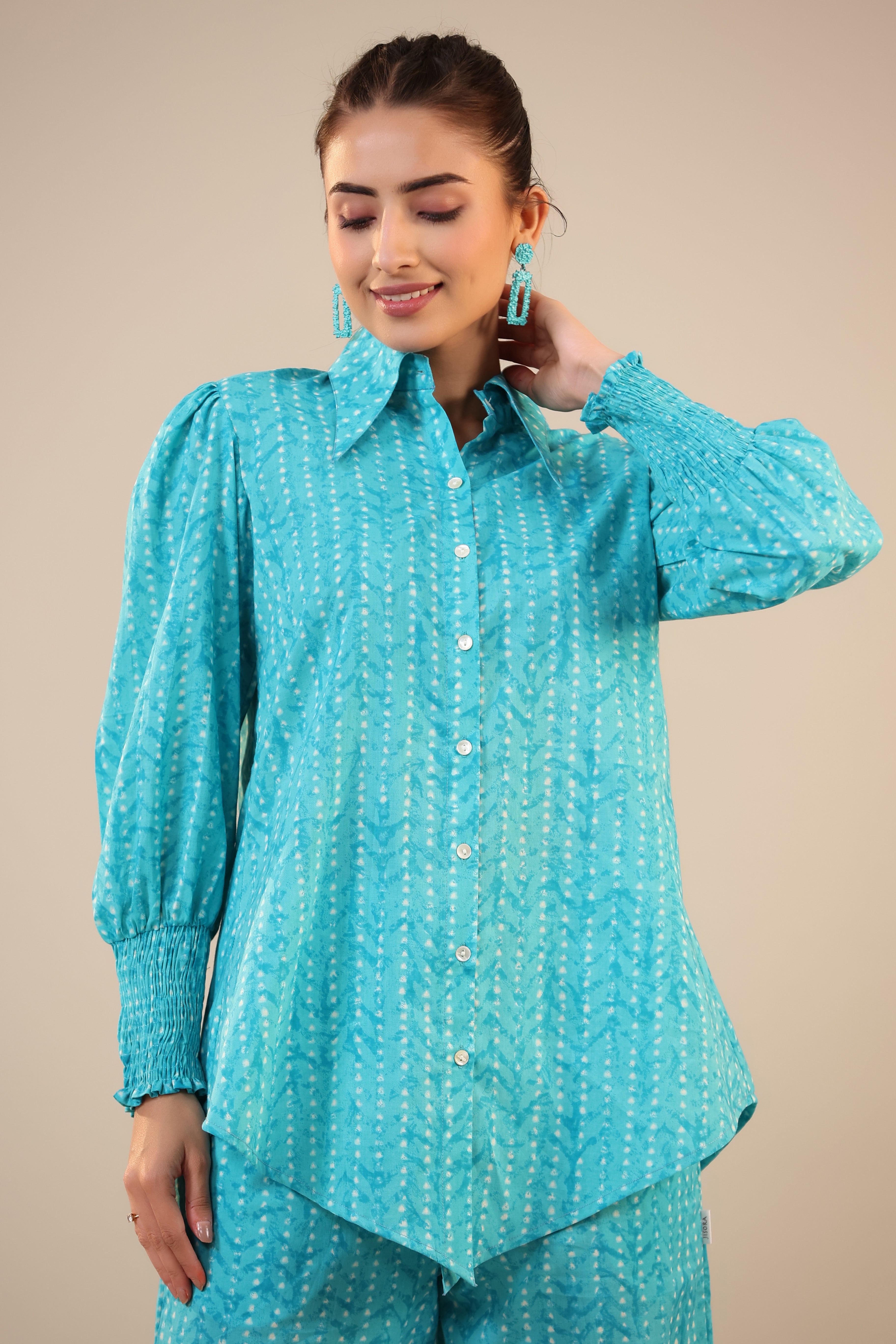 Patterned Parallels on Blue Cotton Collared Co-ord Set