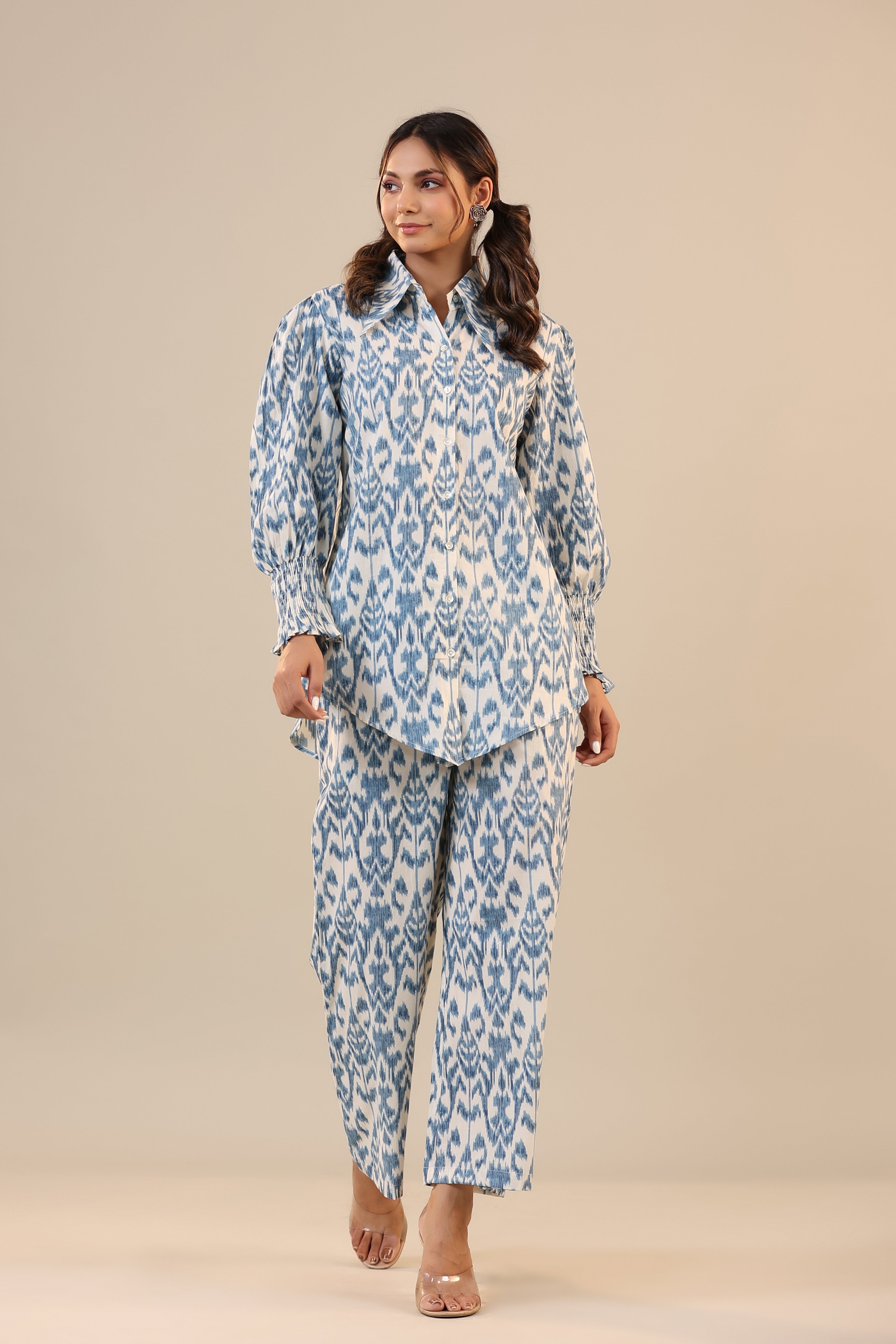 Ikat on Off White Cotton Collared Co-ord Set