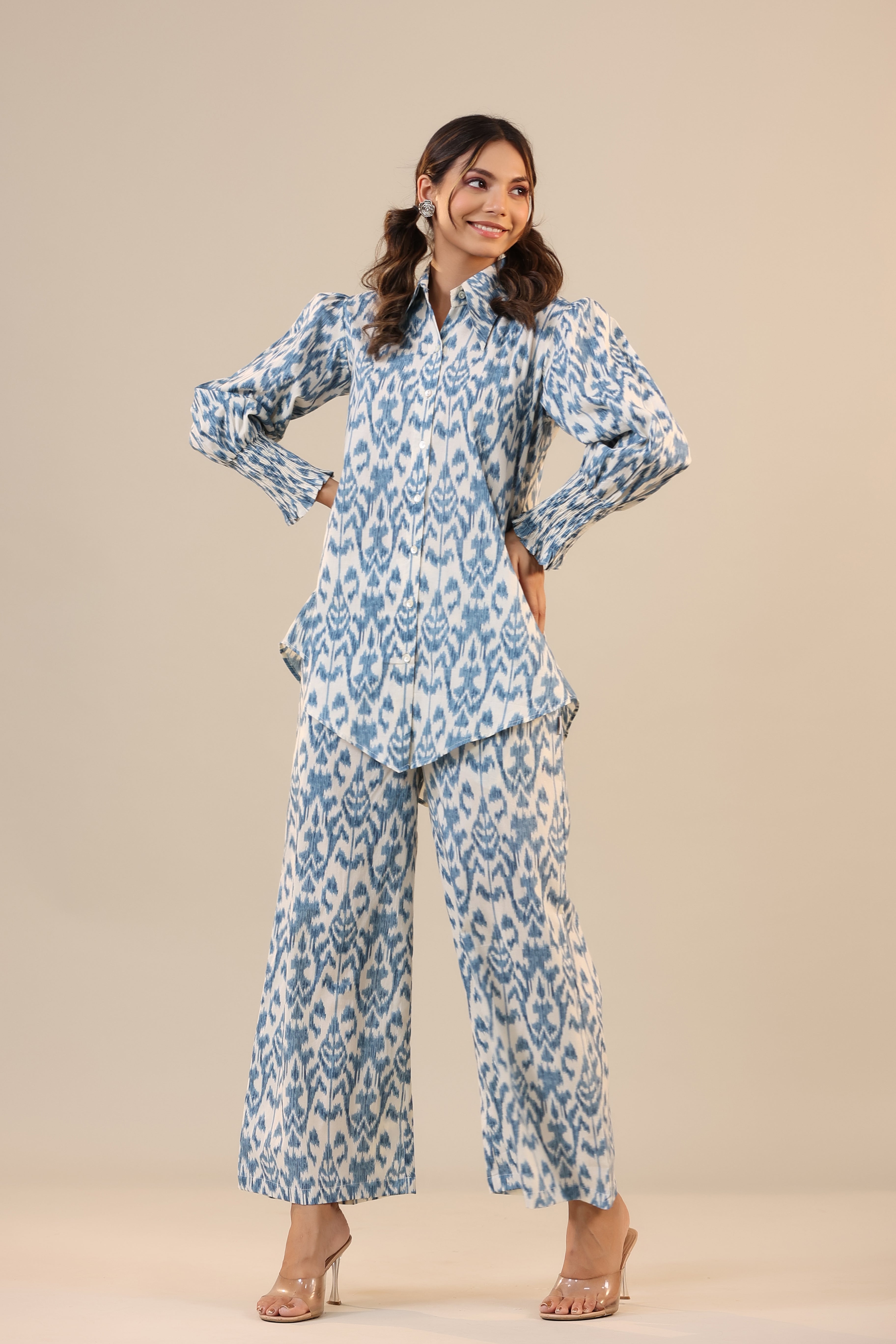 Ikat on Off White Cotton Collared Co-ord Set