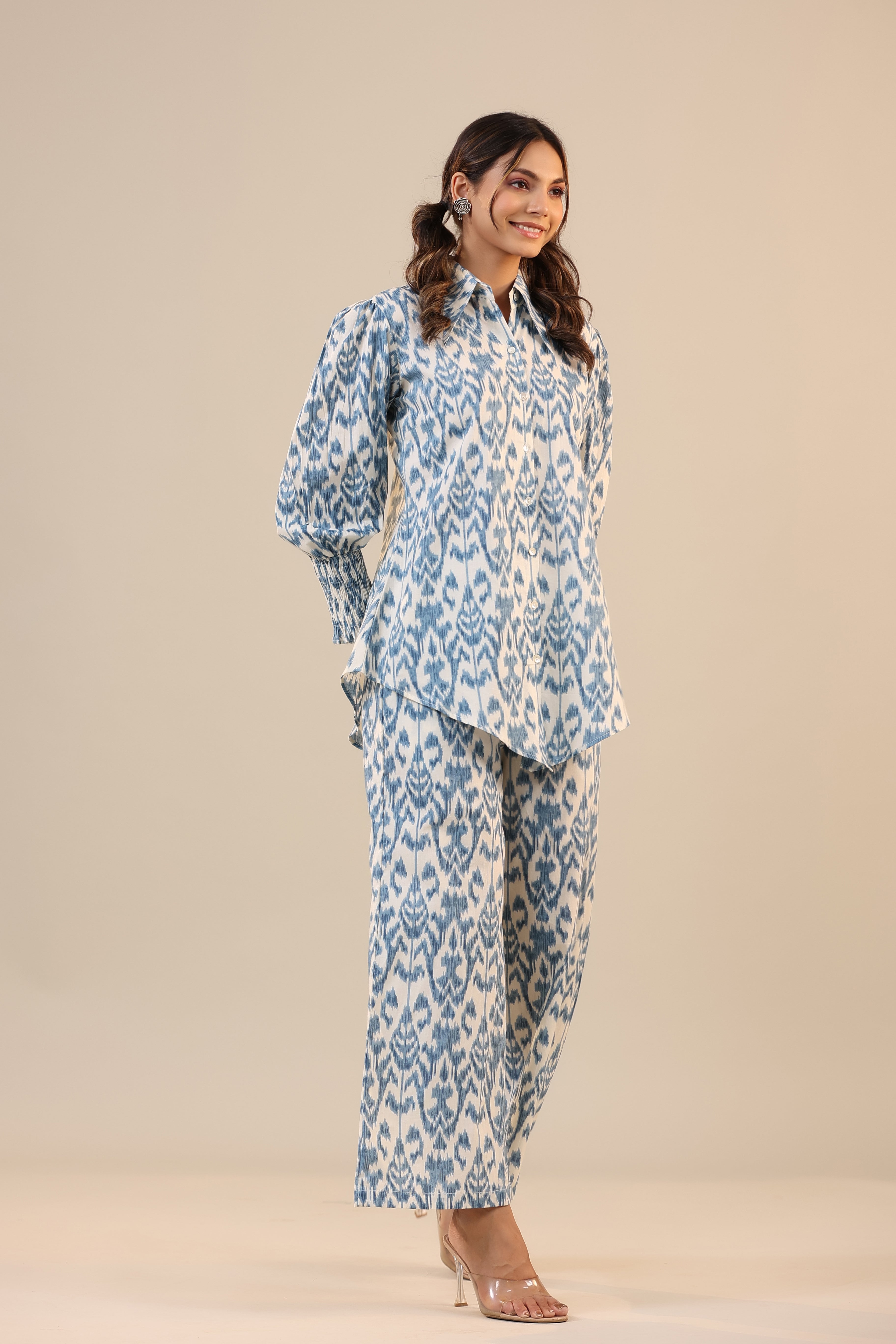 Ikat on Off White Cotton Collared Co-ord Set