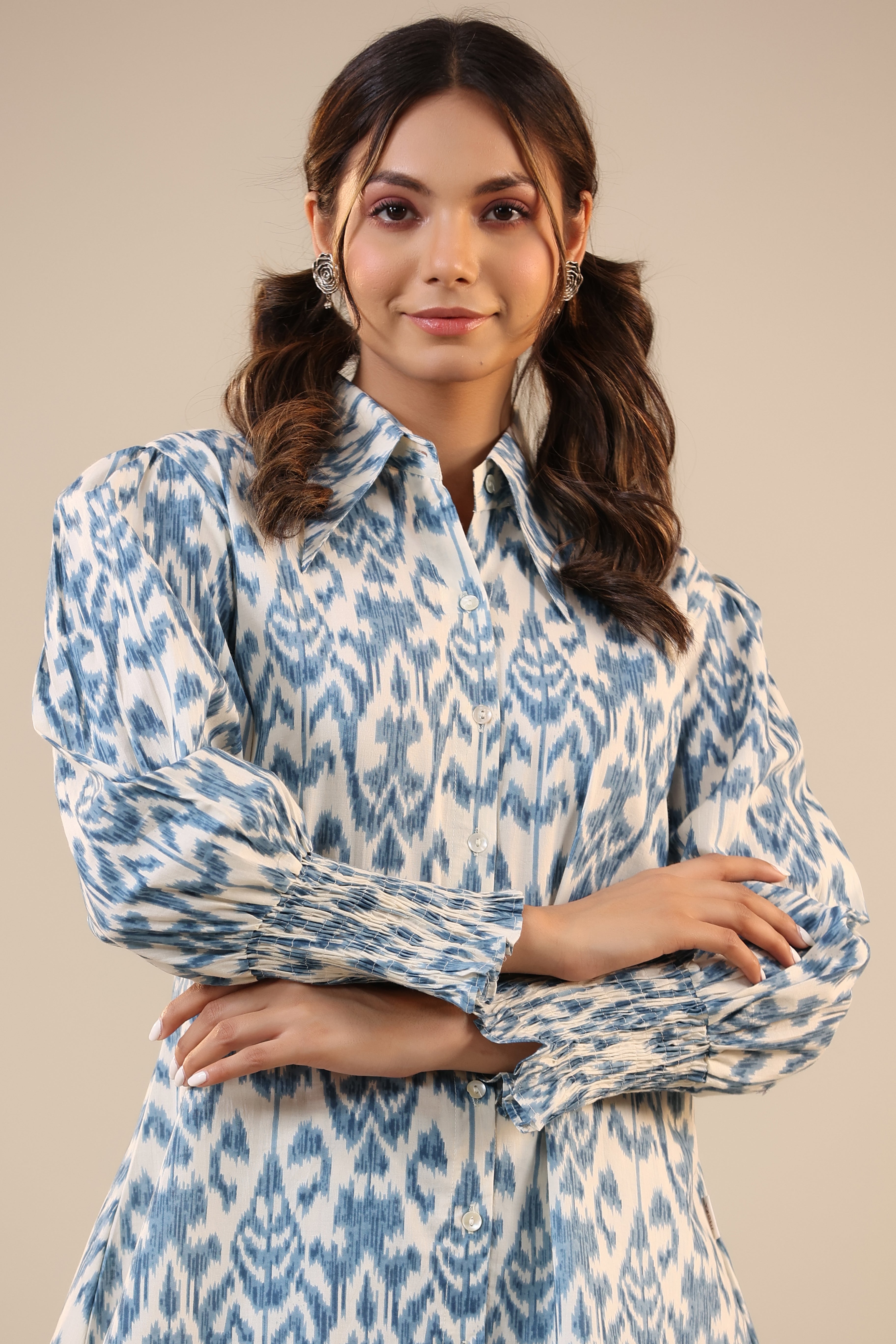 Ikat on Off White Cotton Collared Co-ord Set