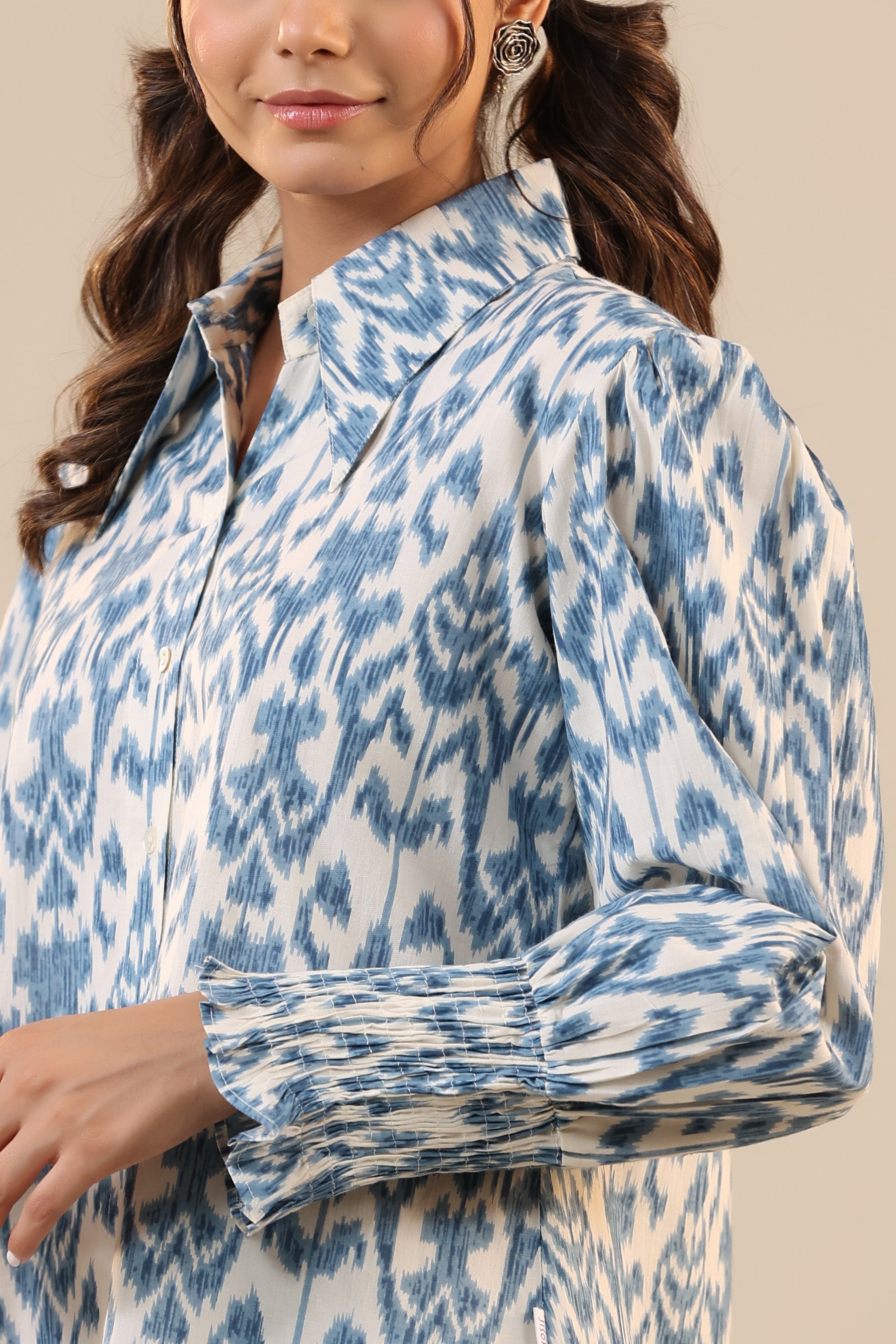 Ikat on Off White Cotton Collared Co-ord Set