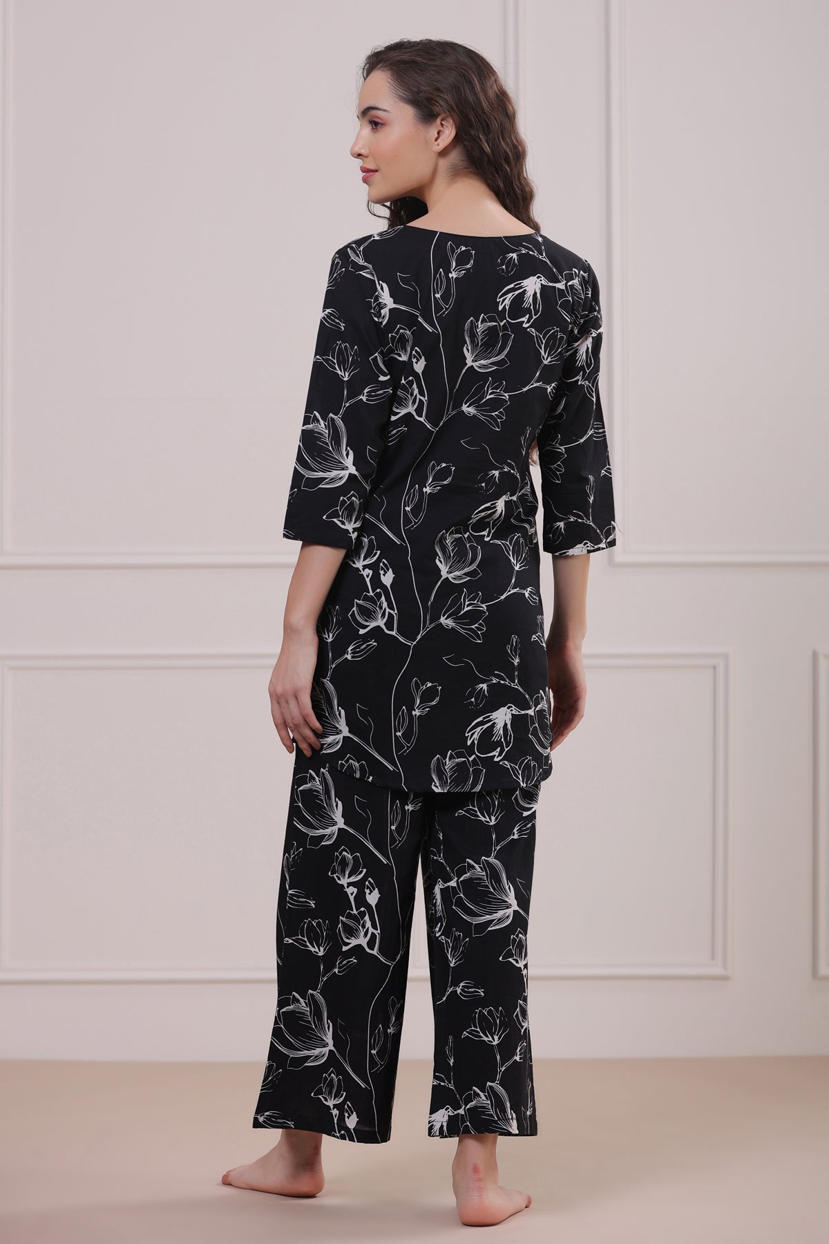 Abstract Floral on Black Cotton Palazzo Loungewear Set