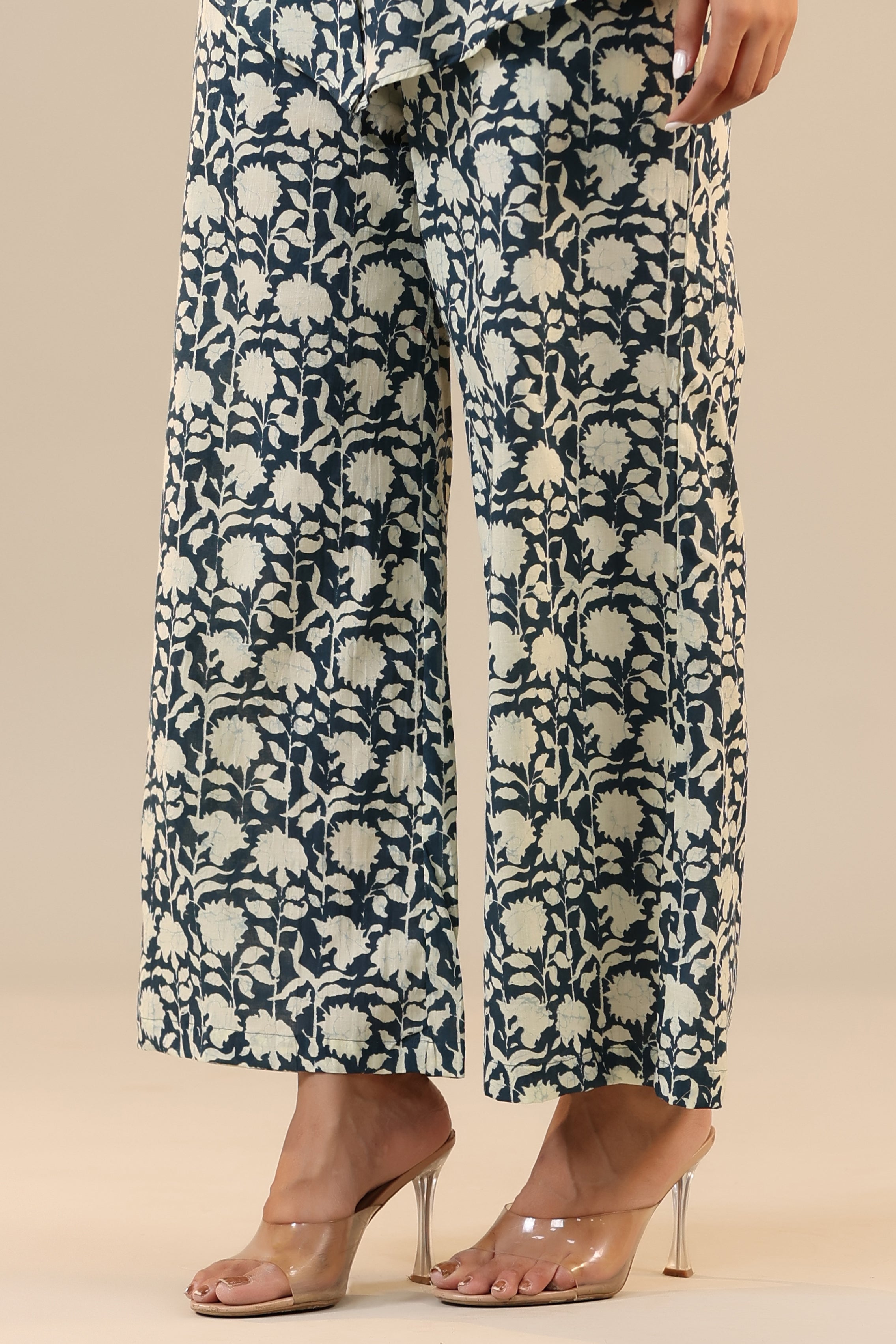 Aster on Dark Blue Cotton Collared Co-ord Set