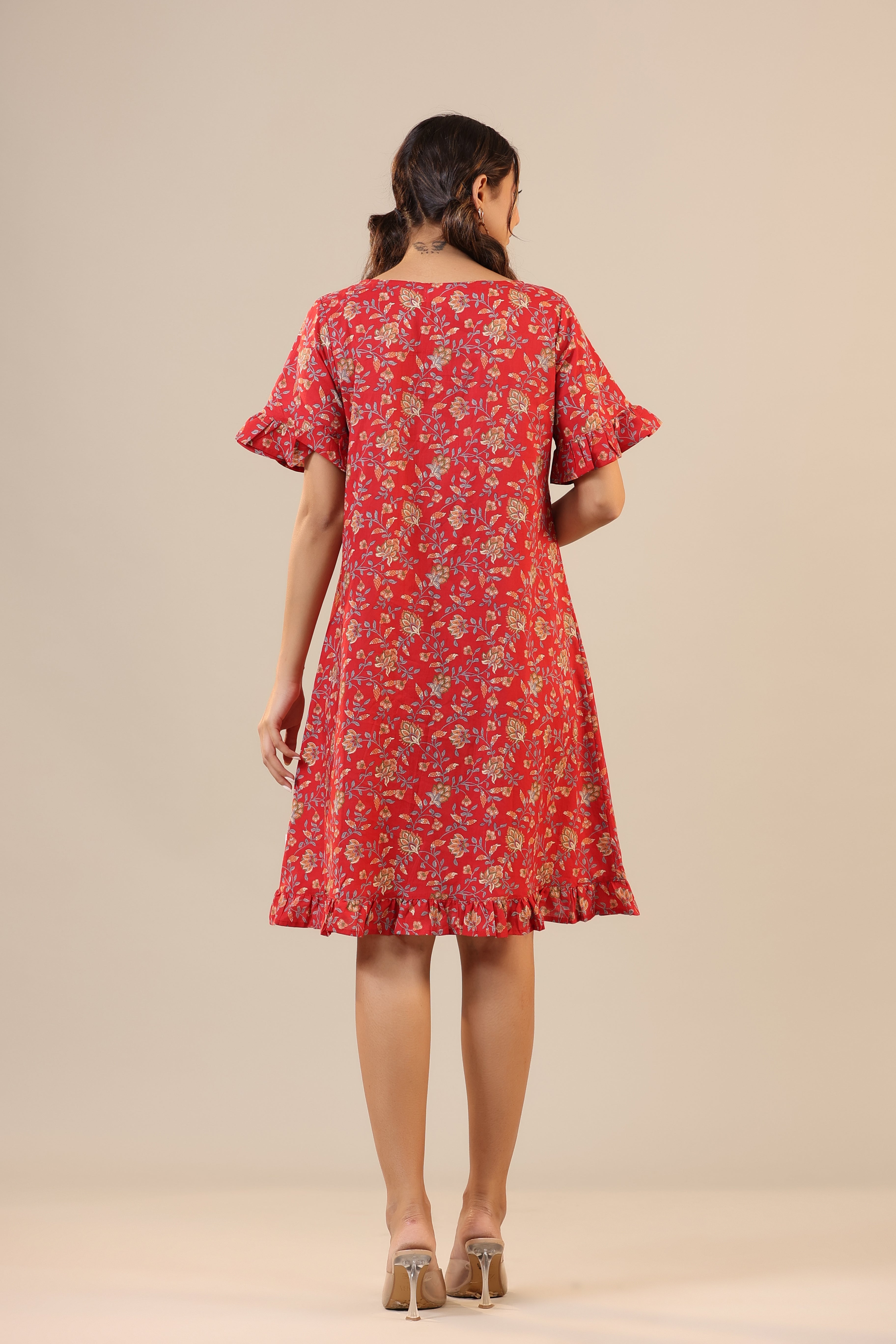 Floral Jaal on Red Cotton T-shirt Dress
