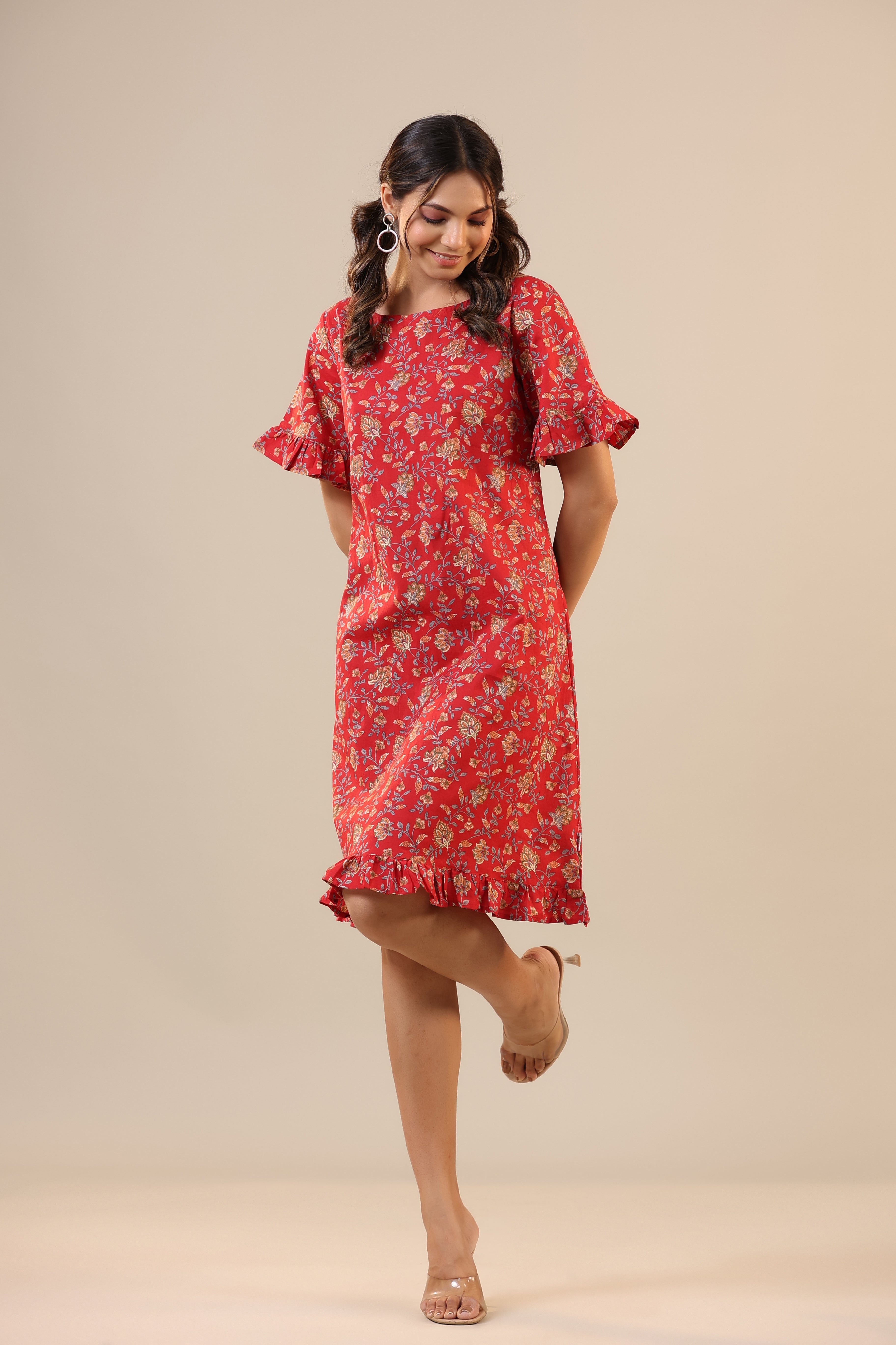 Floral Jaal on Red Cotton T-shirt Dress