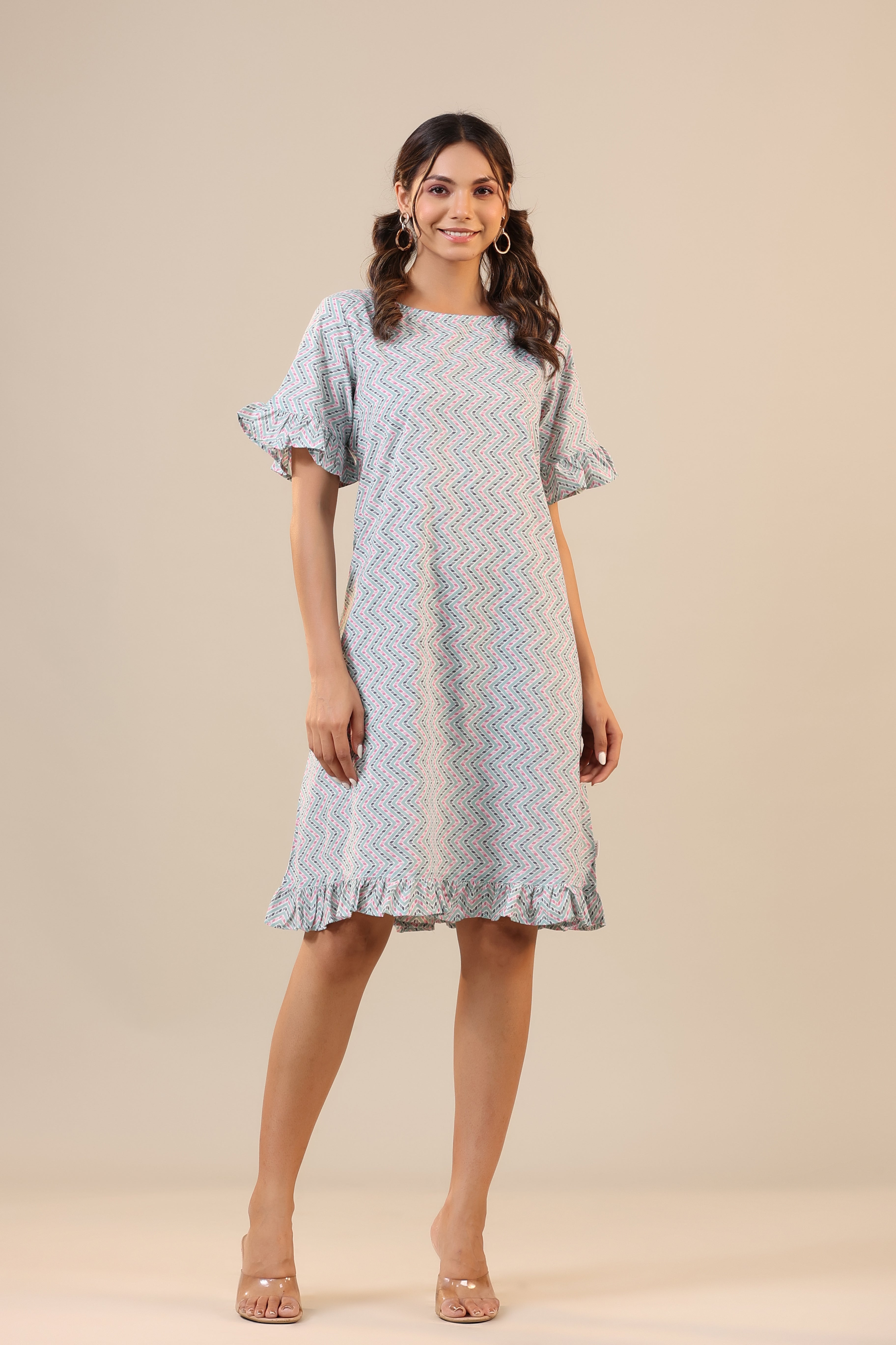 Parallel Zigazag Stripes on Light Blue Cotton T-shirt Dress