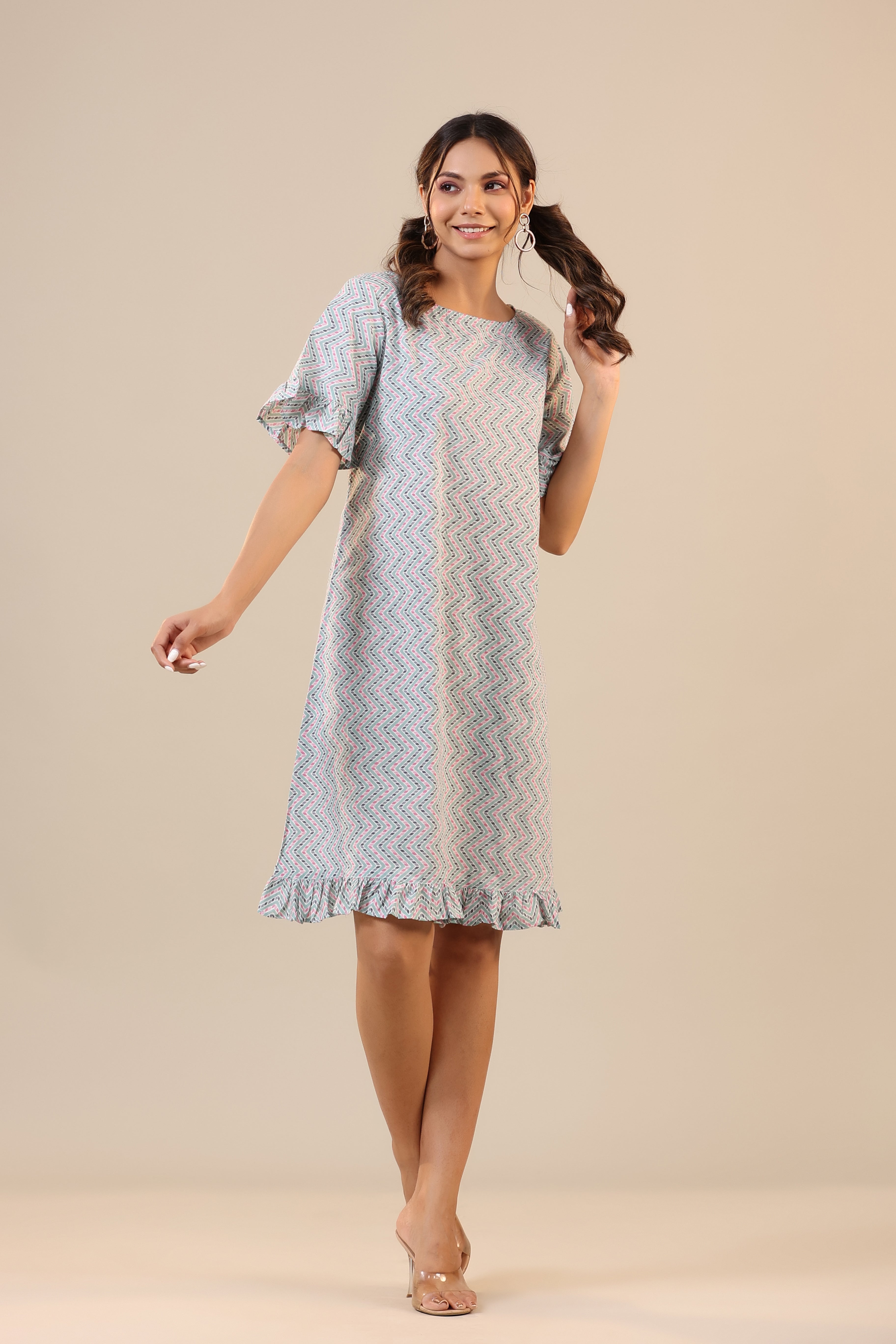 Parallel Zigazag Stripes on Light Blue Cotton T-shirt Dress