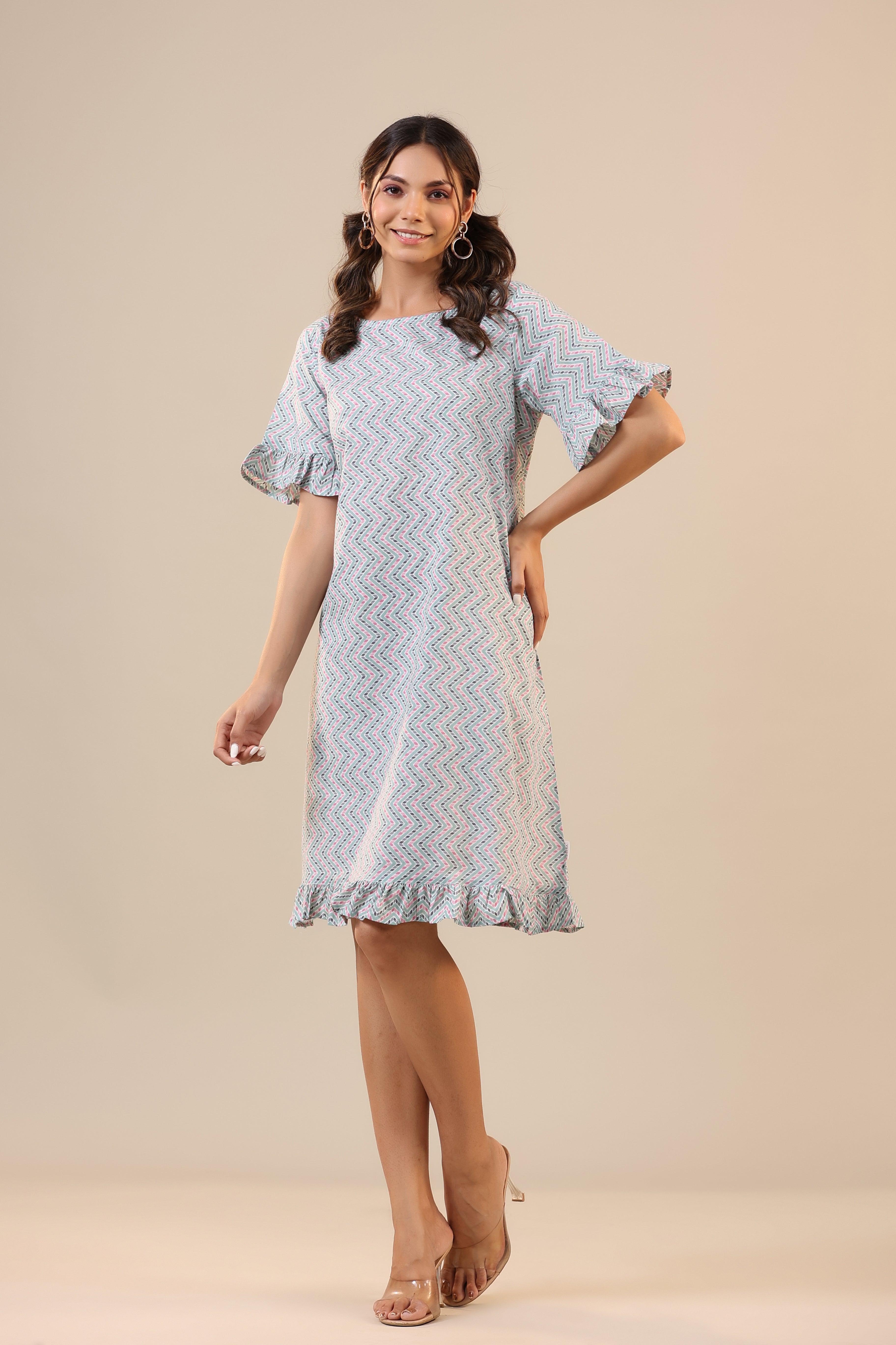 Parallel Zigazag Stripes on Light Blue Cotton T-shirt Dress