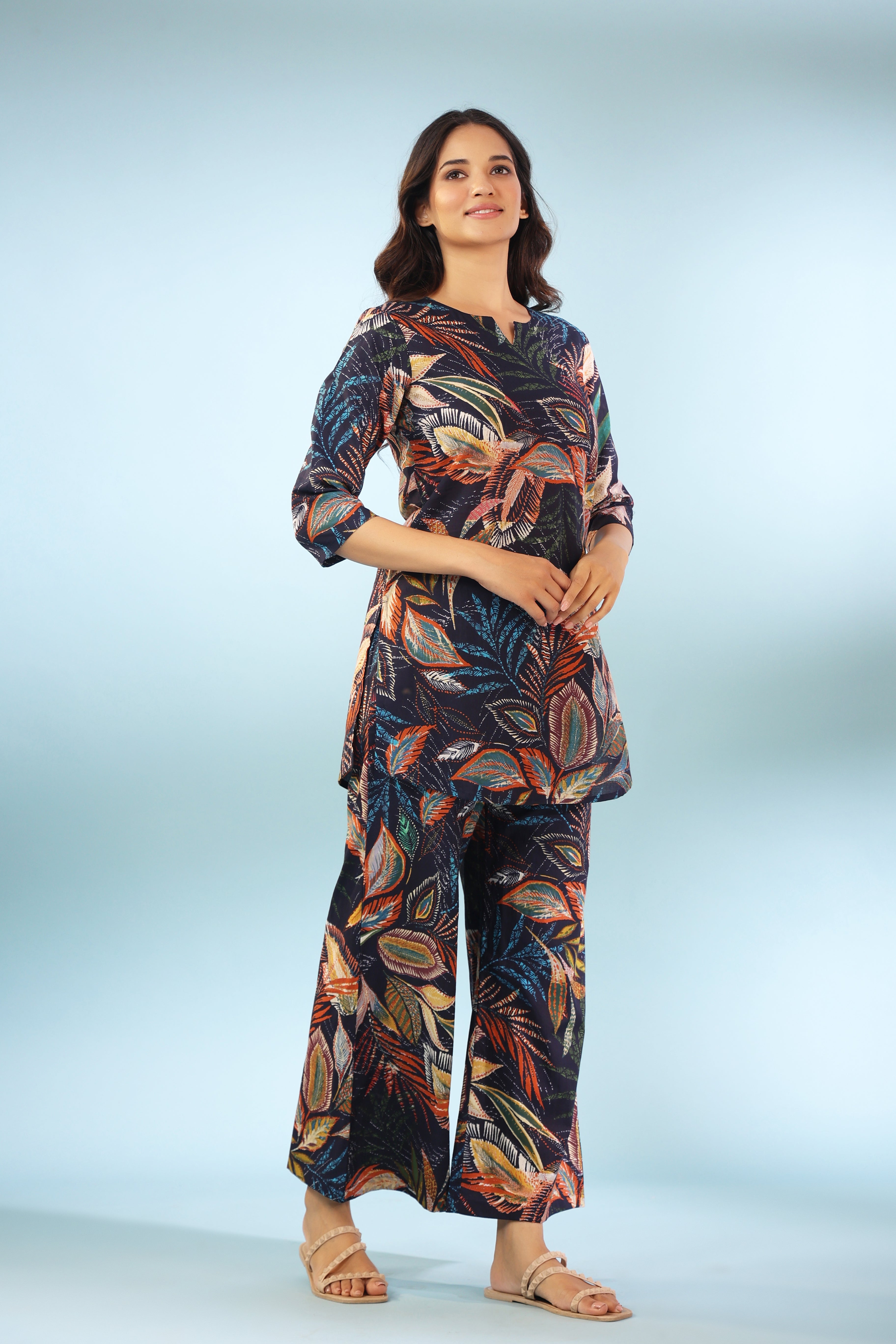 Leaf Ombre on Blue Cotton Palazzo Loungewear Set