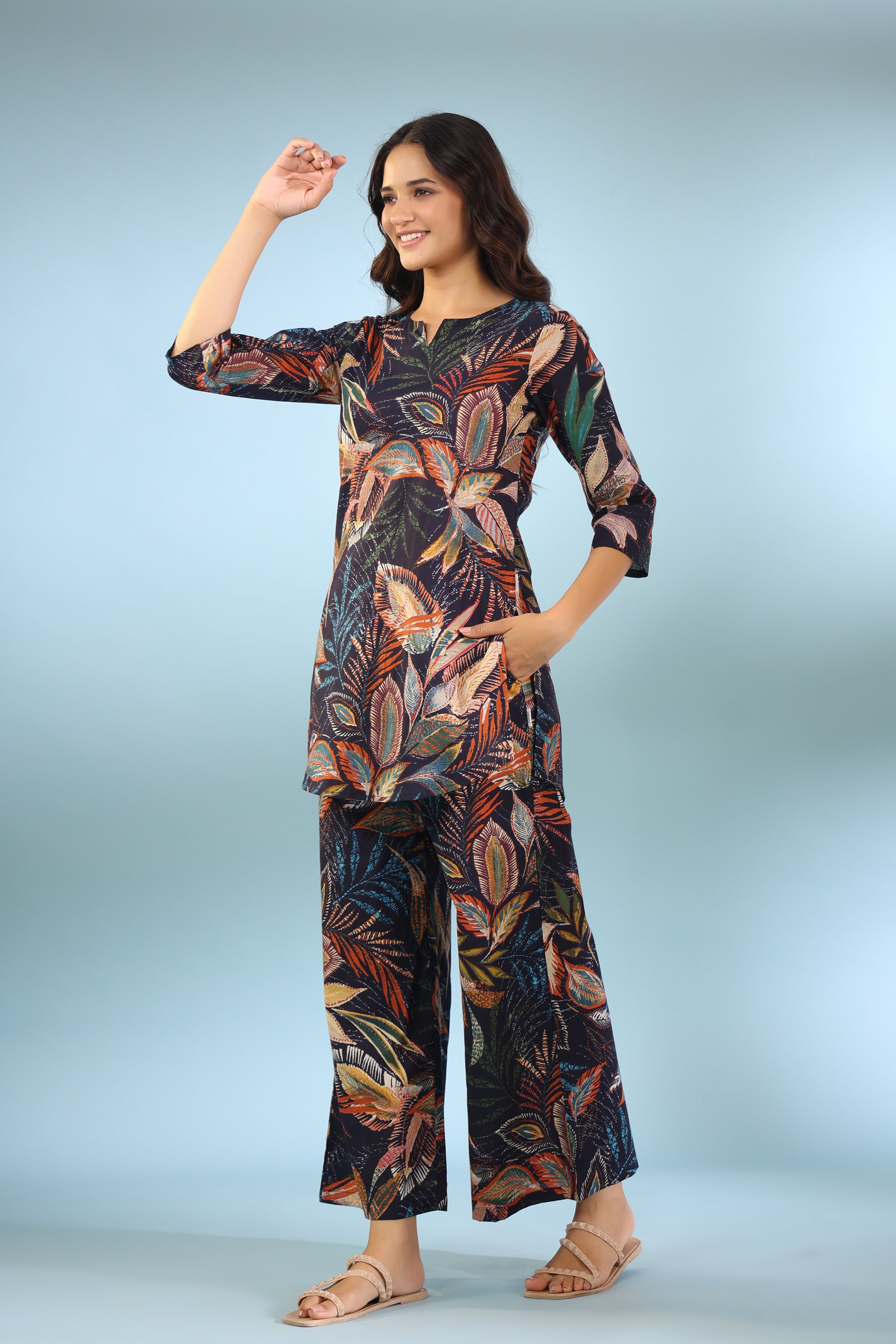 Leaf Ombre on Blue Cotton Palazzo Loungewear Set