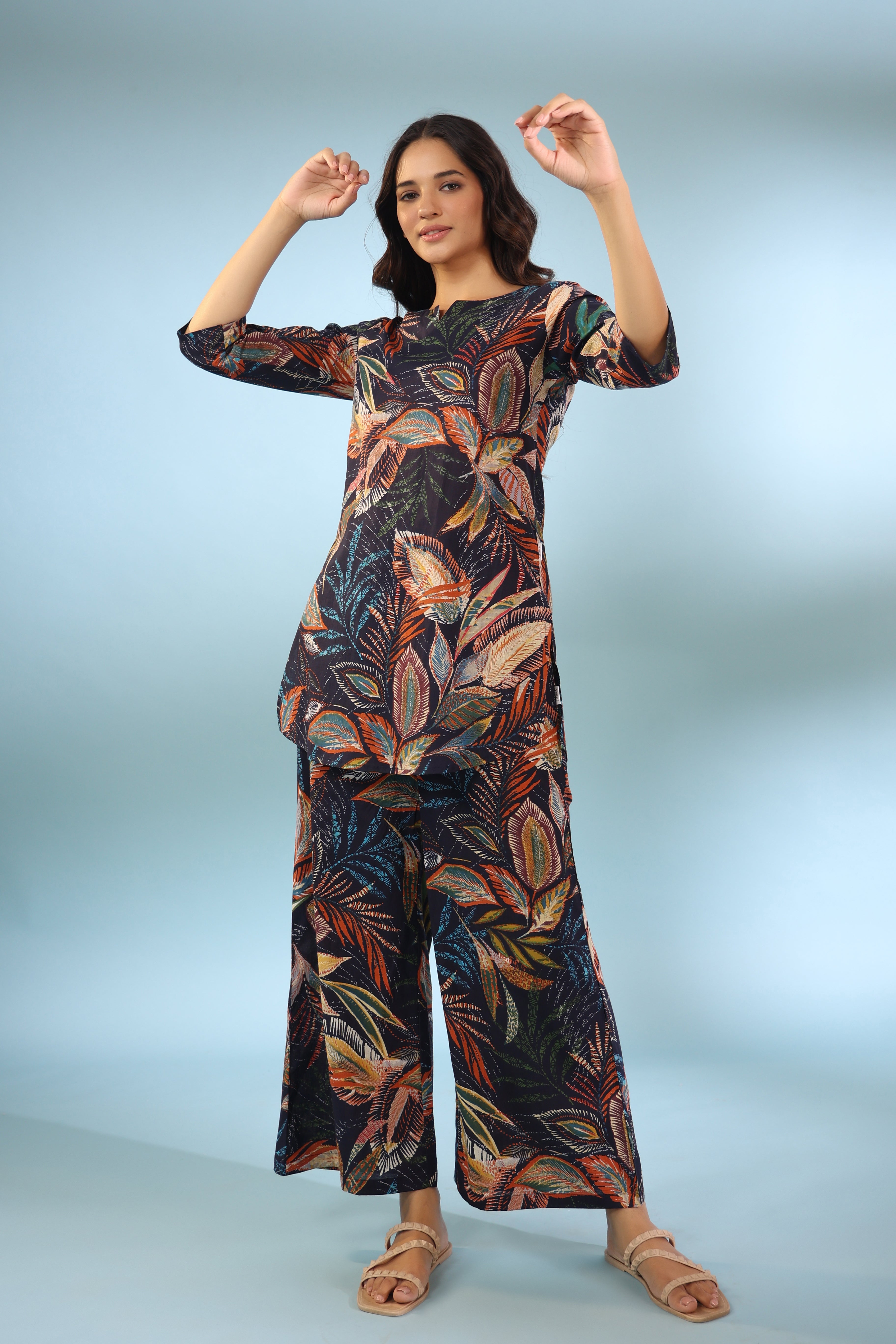 Leaf Ombre on Blue Cotton Palazzo Loungewear Set