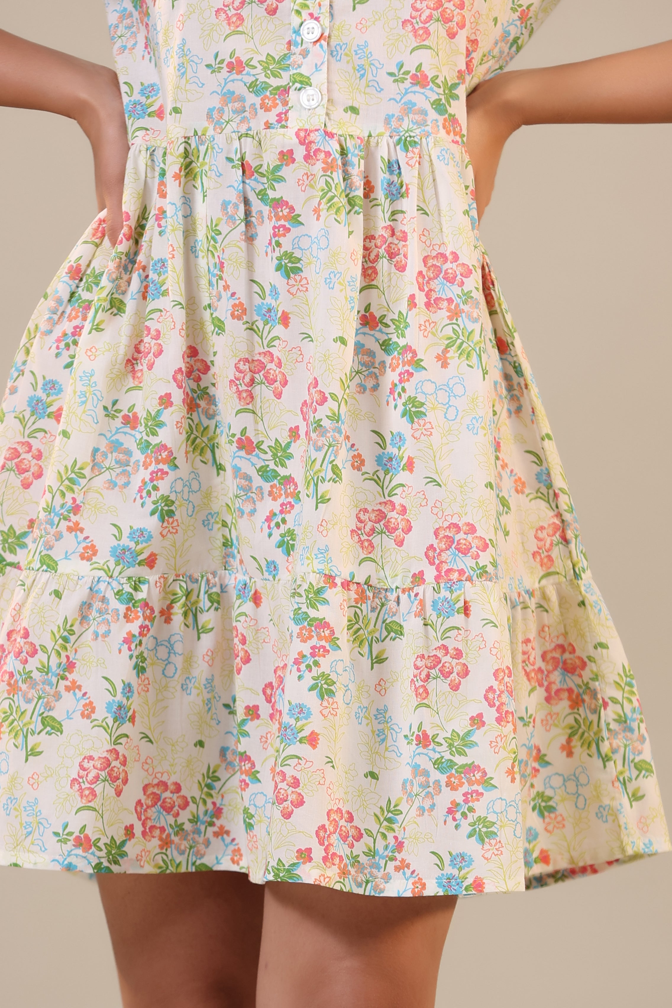 Floral Canopies on Off white Collared Cotton T-shirt dress
