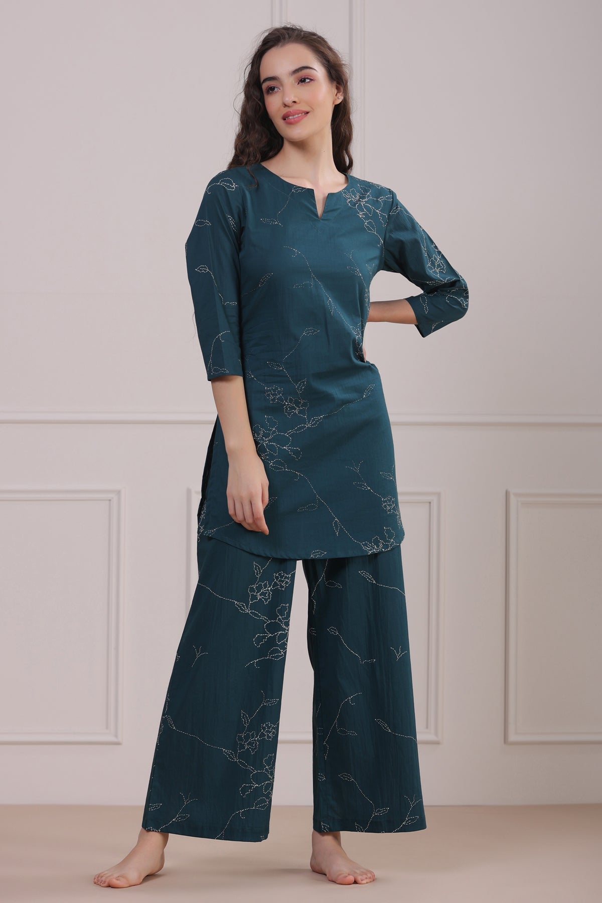 Floral Dots on Emerald Cotton Palazzo Loungewear Set