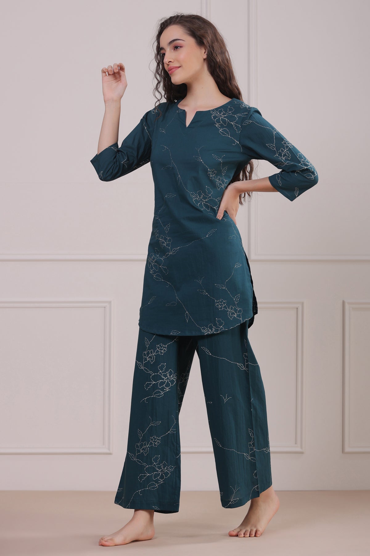 Floral Dots on Emerald Cotton Palazzo Loungewear Set