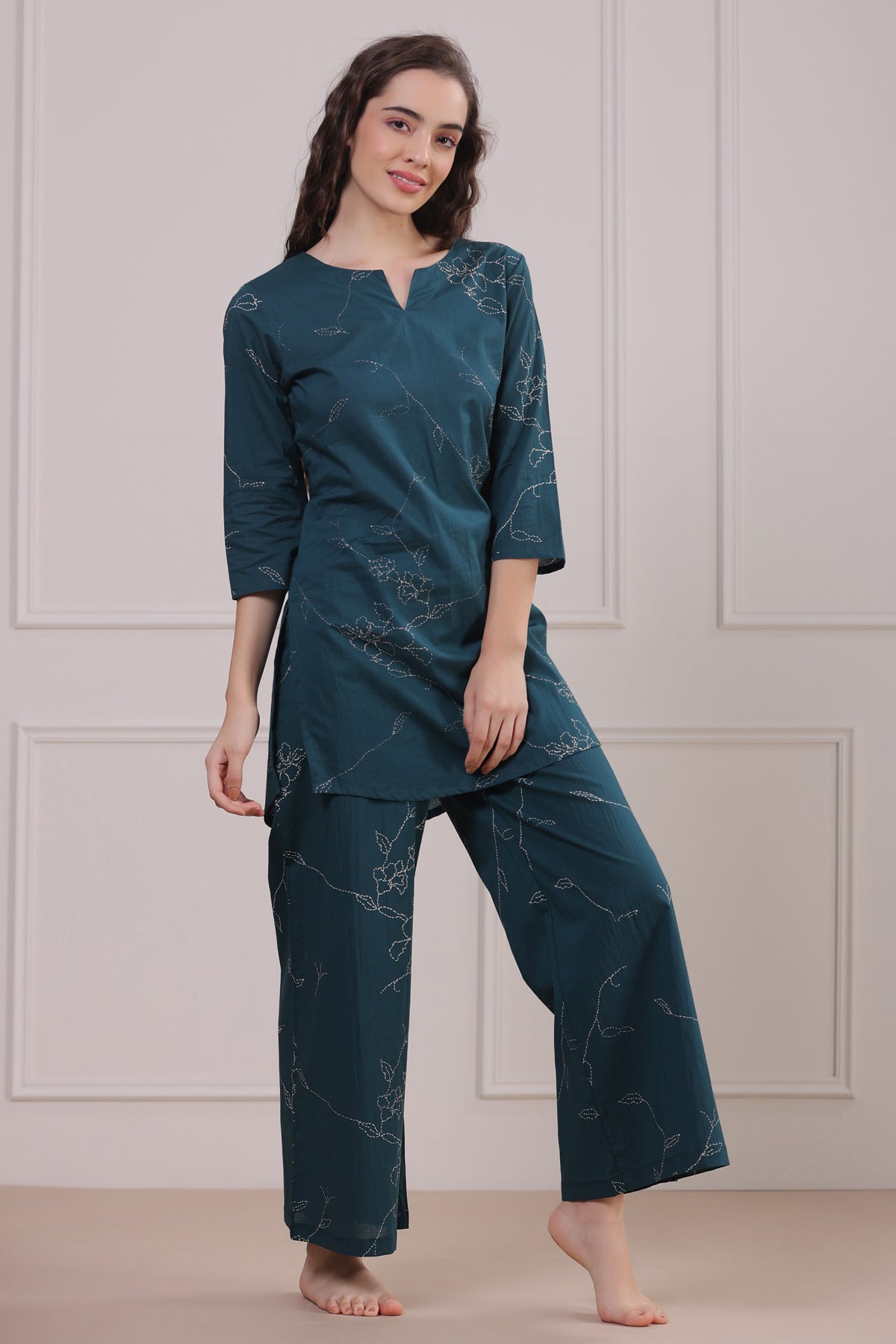 Floral Dots on Emerald Cotton Palazzo Loungewear Set