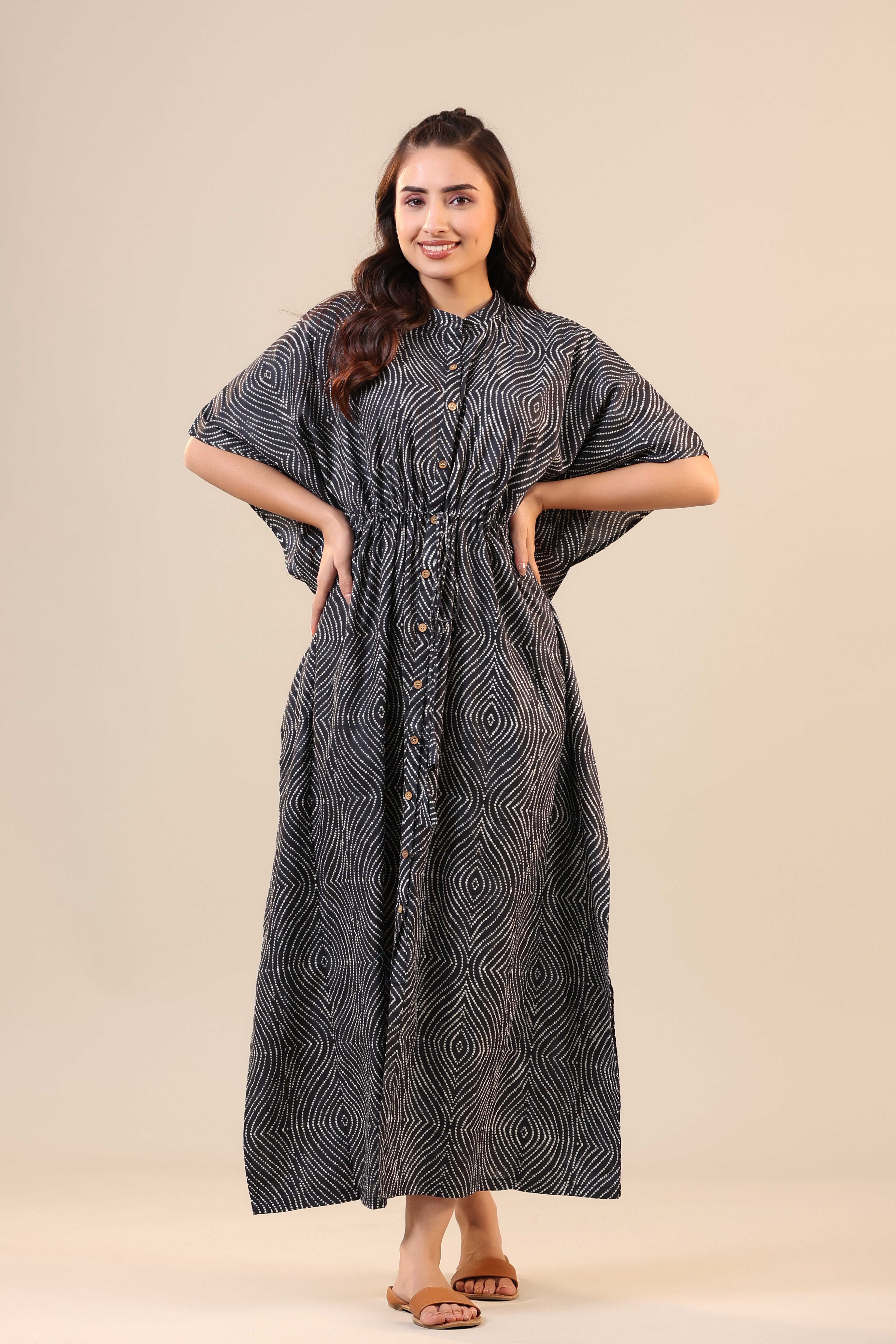 Patterned Shibori on Black Front Buttoned Kaftan