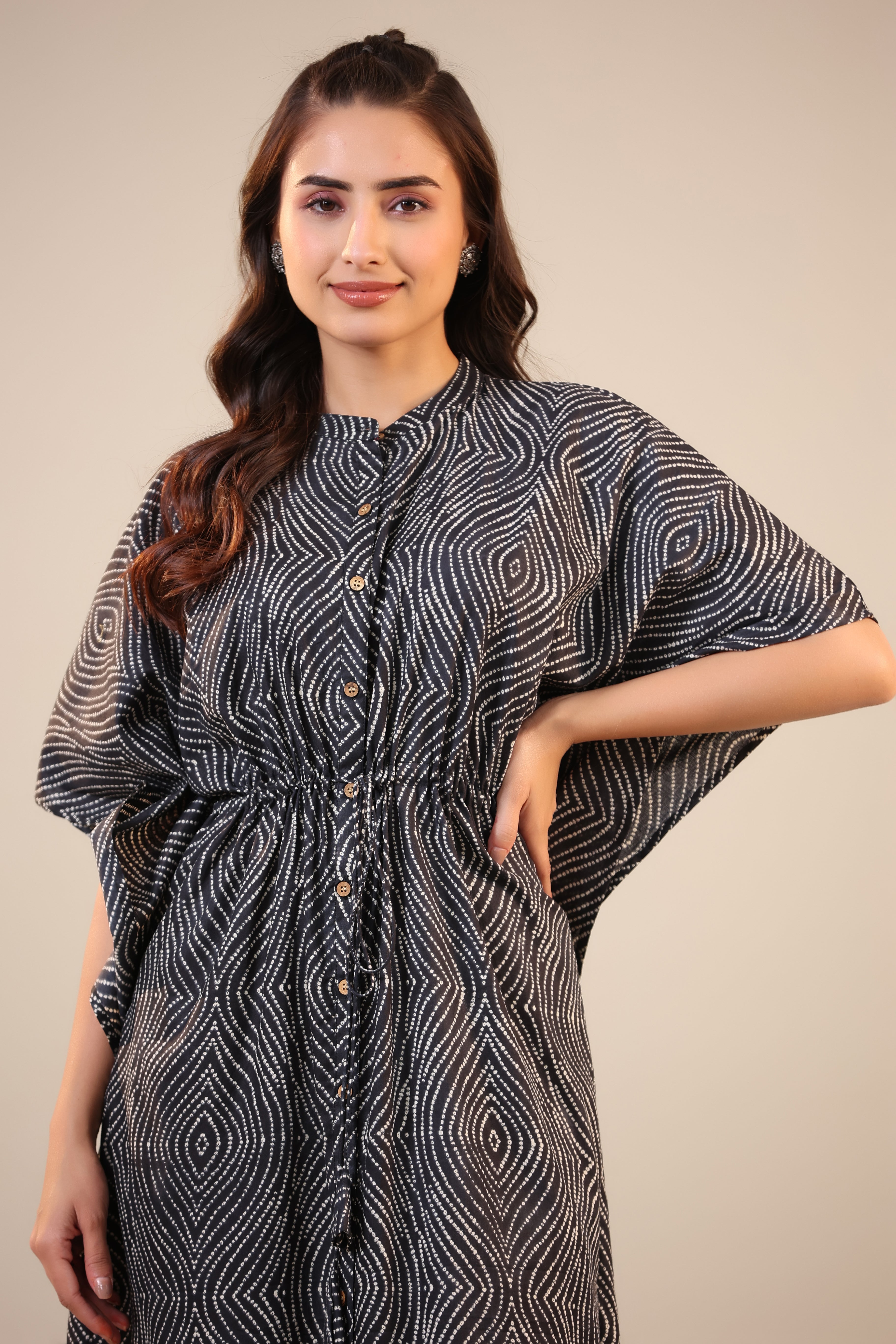 Patterned Shibori on Black Front Buttoned Kaftan