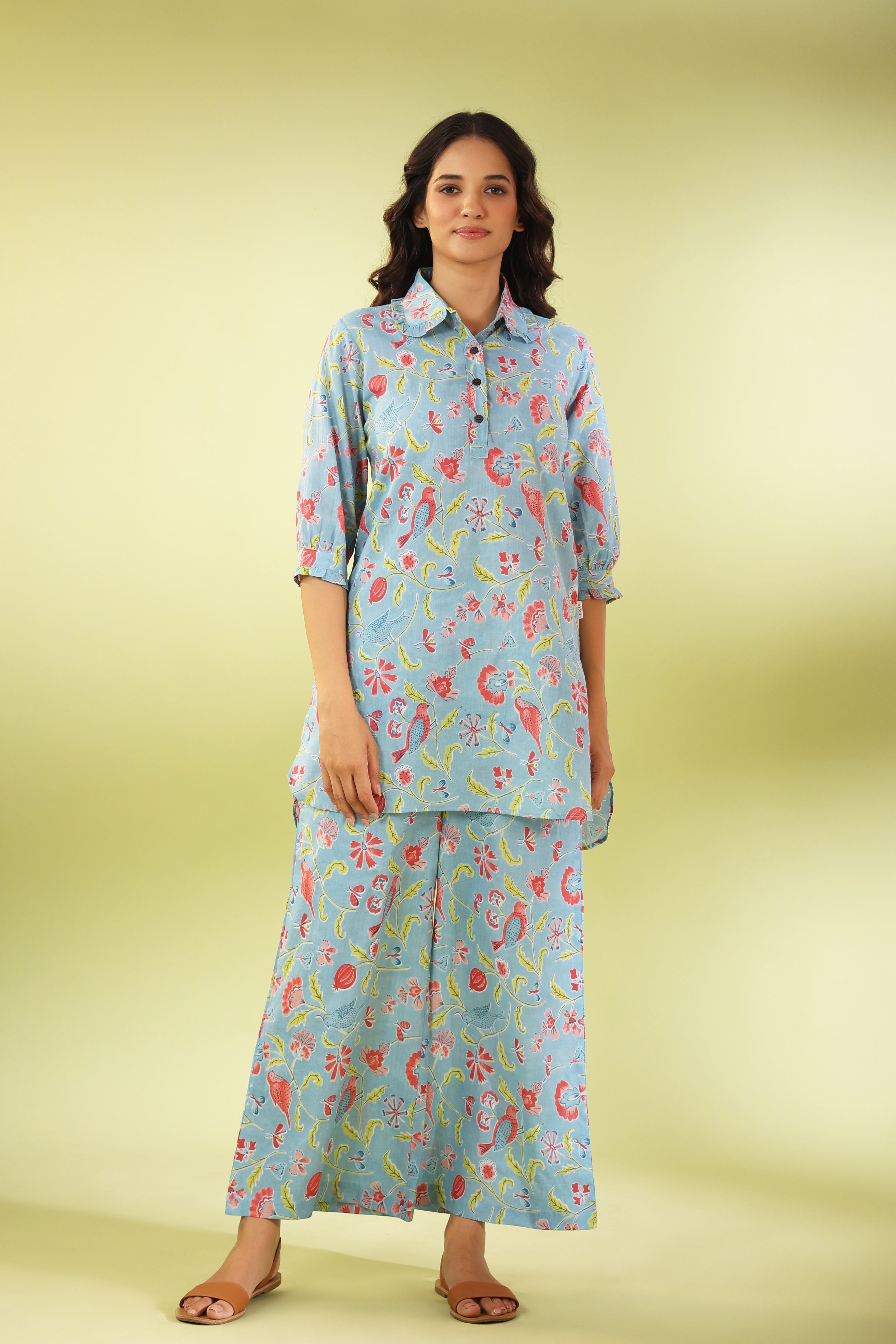 Birdsong Soirée on Light blue Cotton Loungewear Set