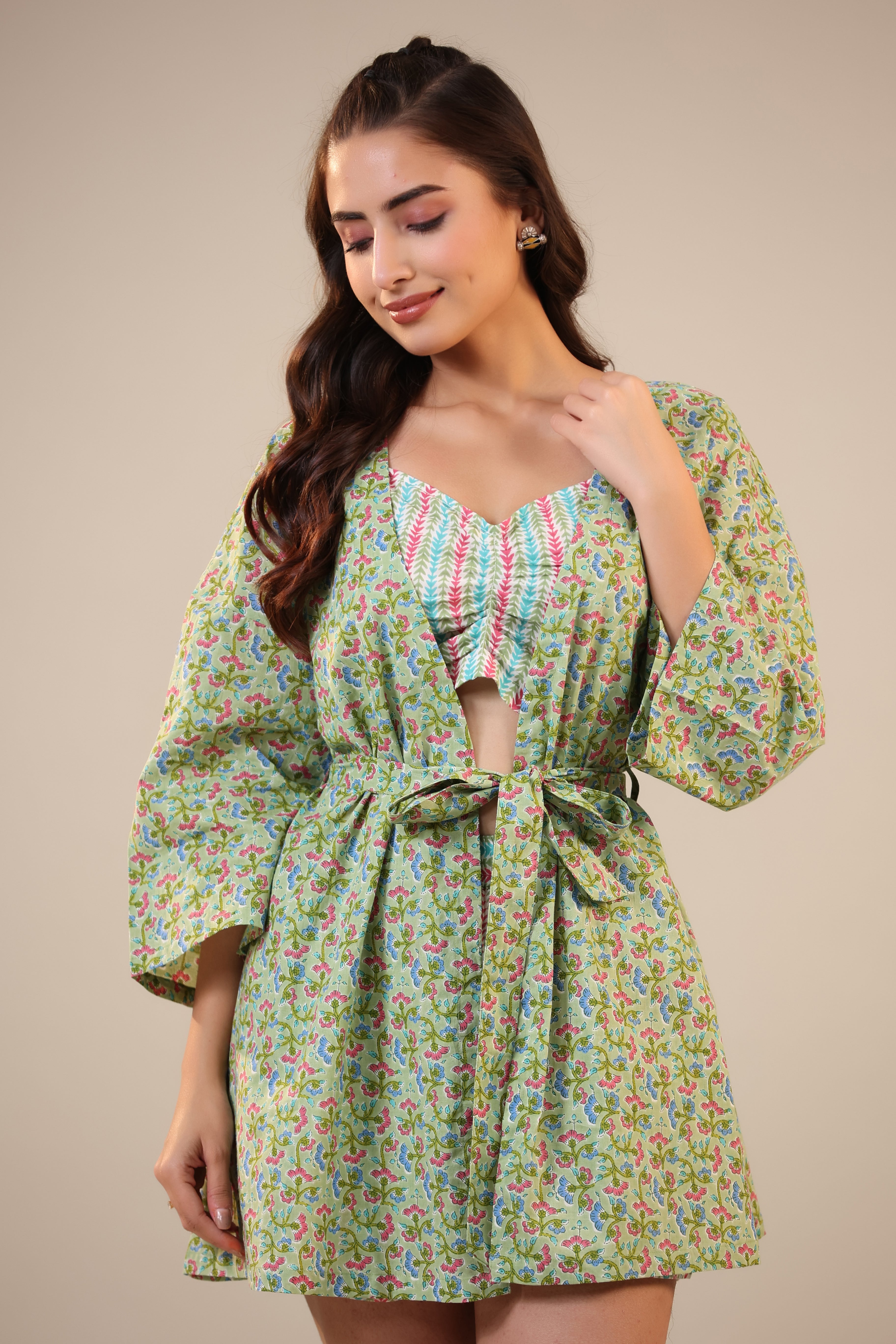 Green Sundae on Crop Cotton Three Piece Shorts set