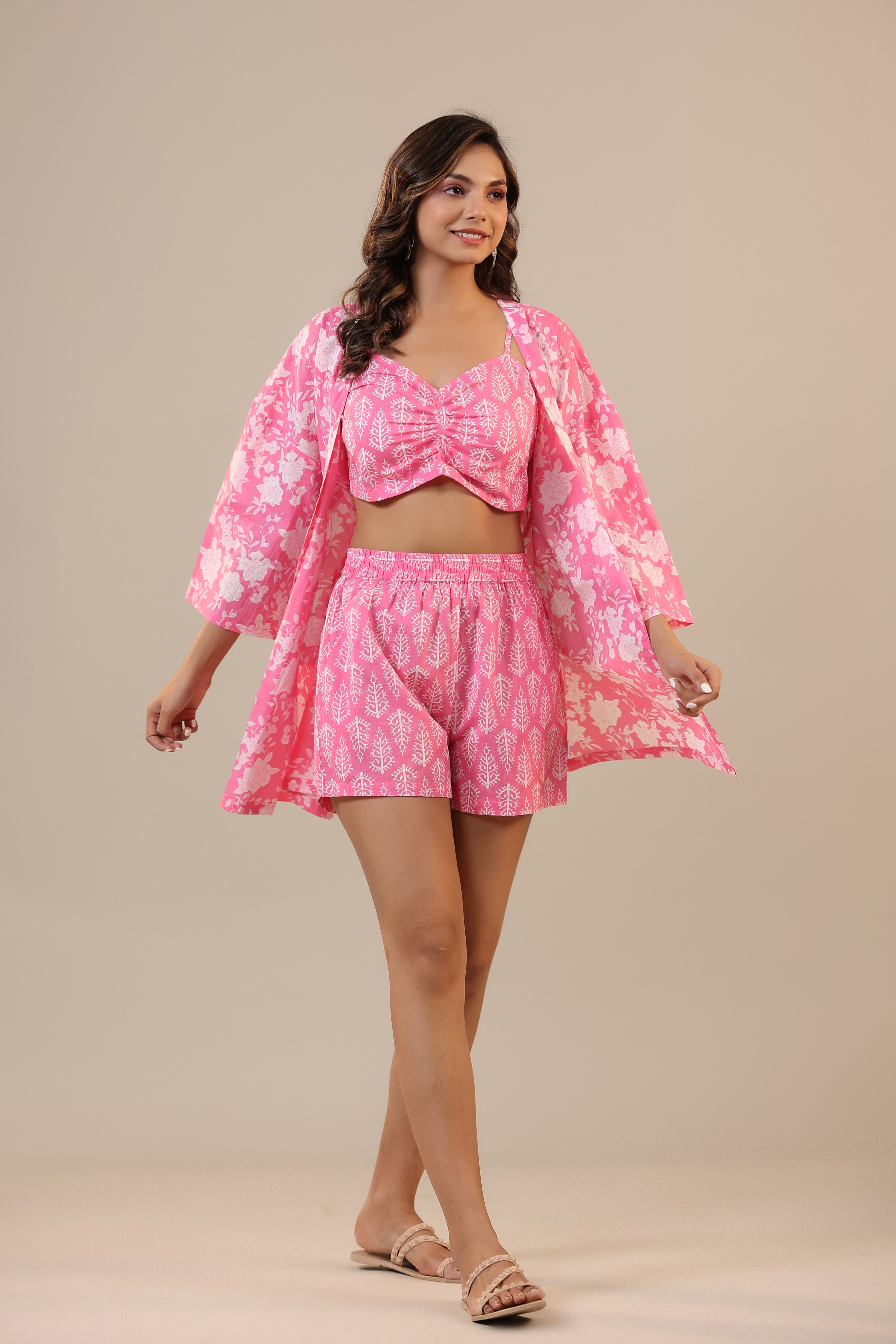 Pink Jaal on Crop Cotton Three Piece Shorts set