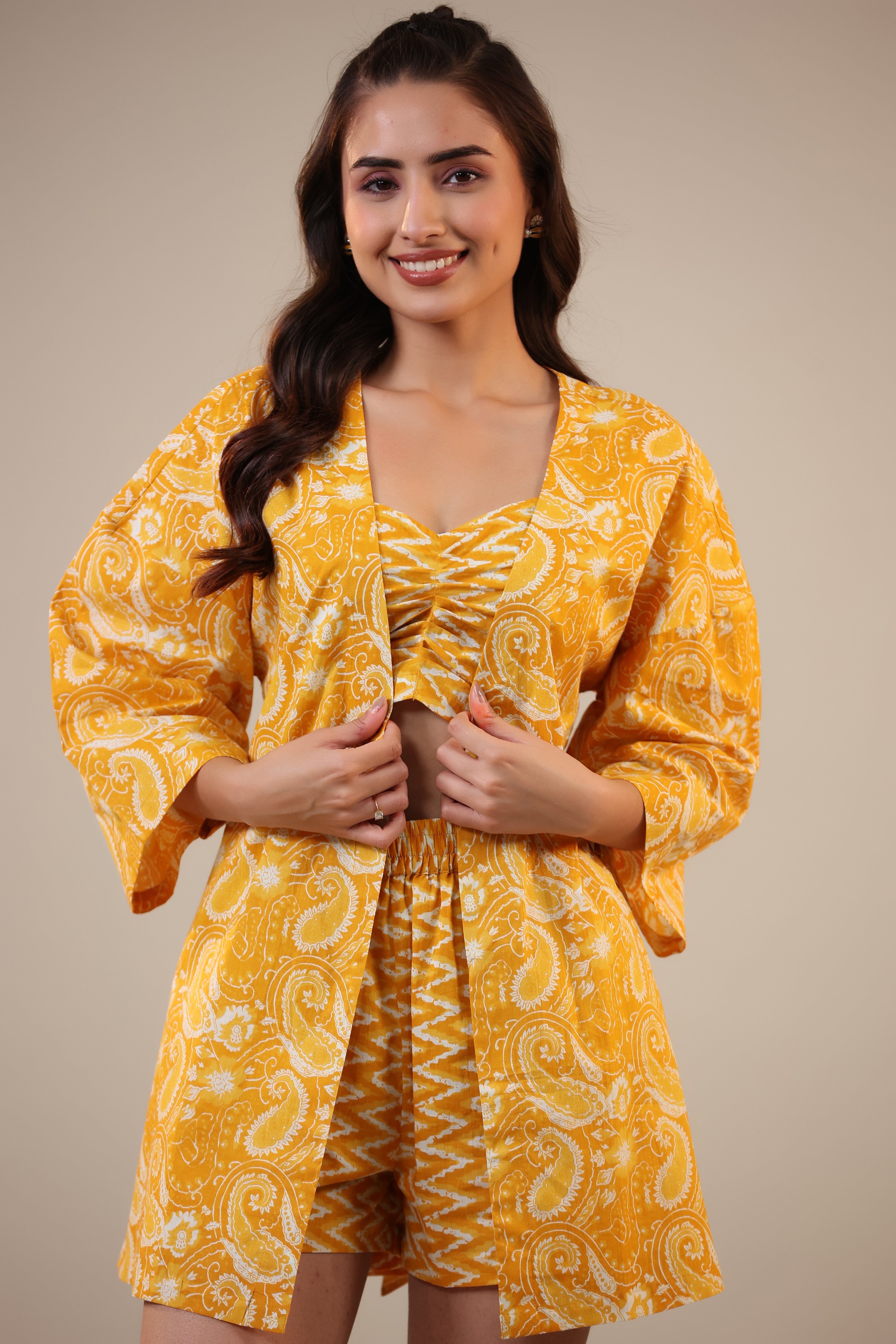 Paisley with Zig-zag on Crop Cotton Three piece Shorts set