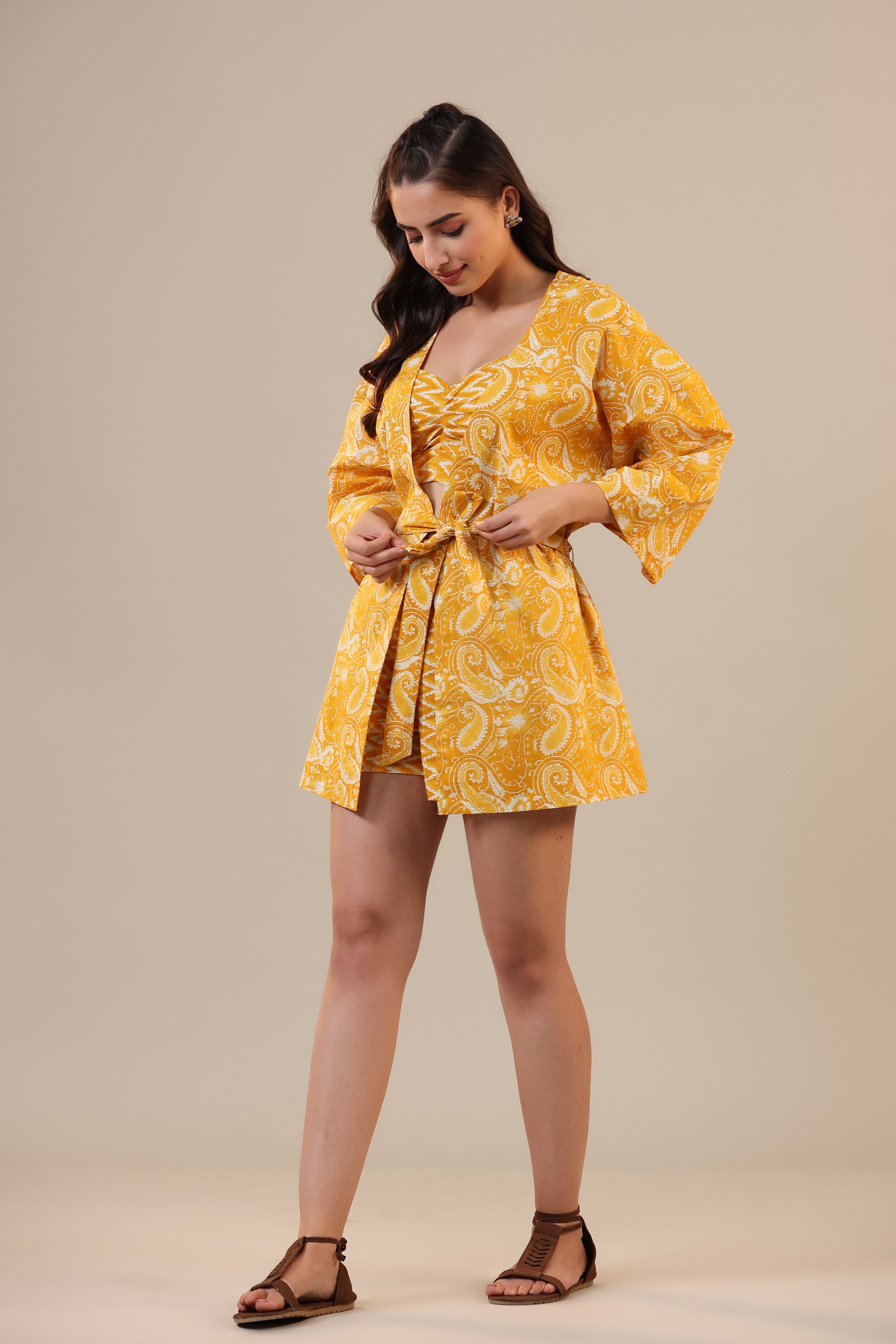 Paisley with Zig-zag on Crop Cotton Three piece Shorts set