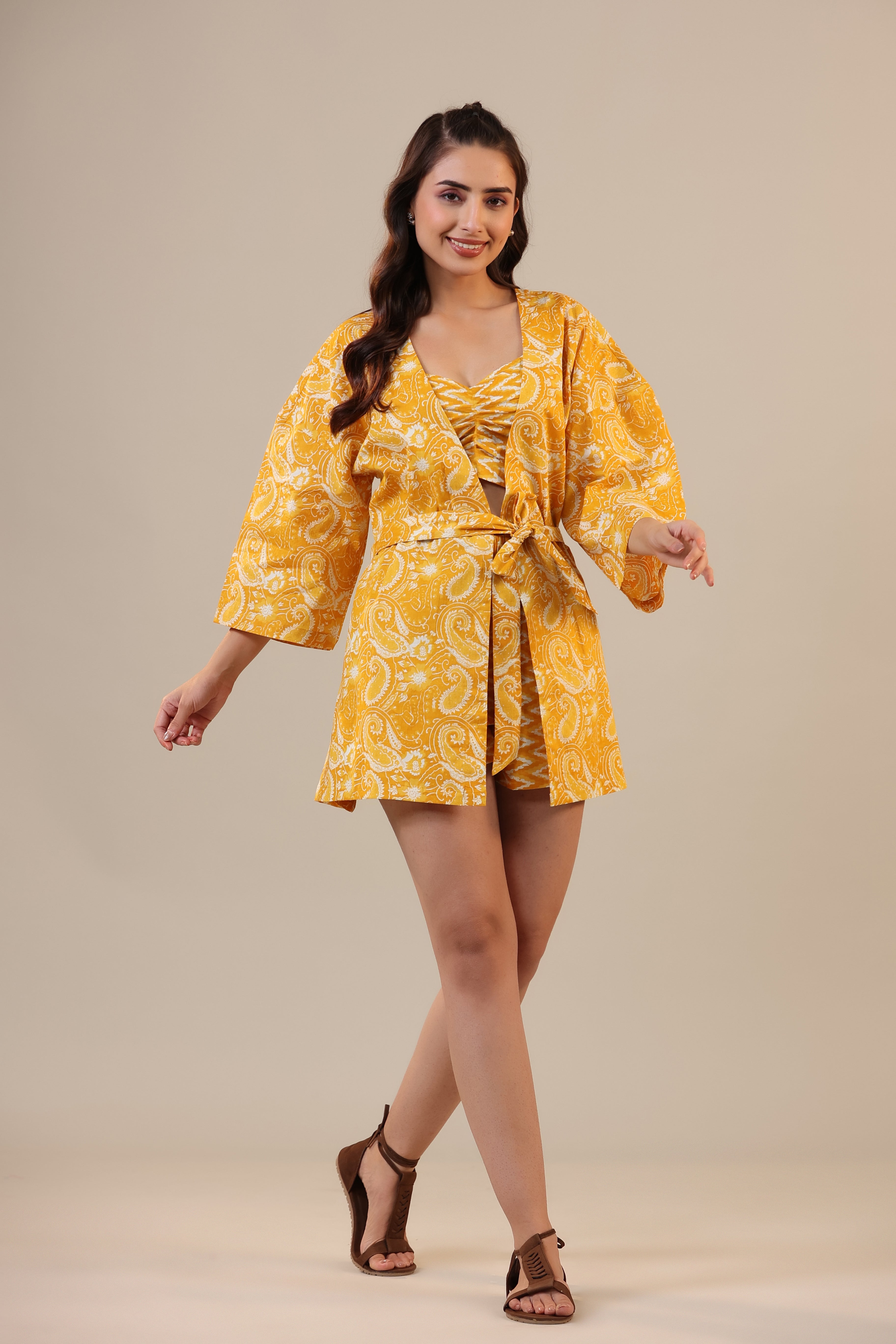 Paisley with Zig-zag on Crop Cotton Three piece Shorts set