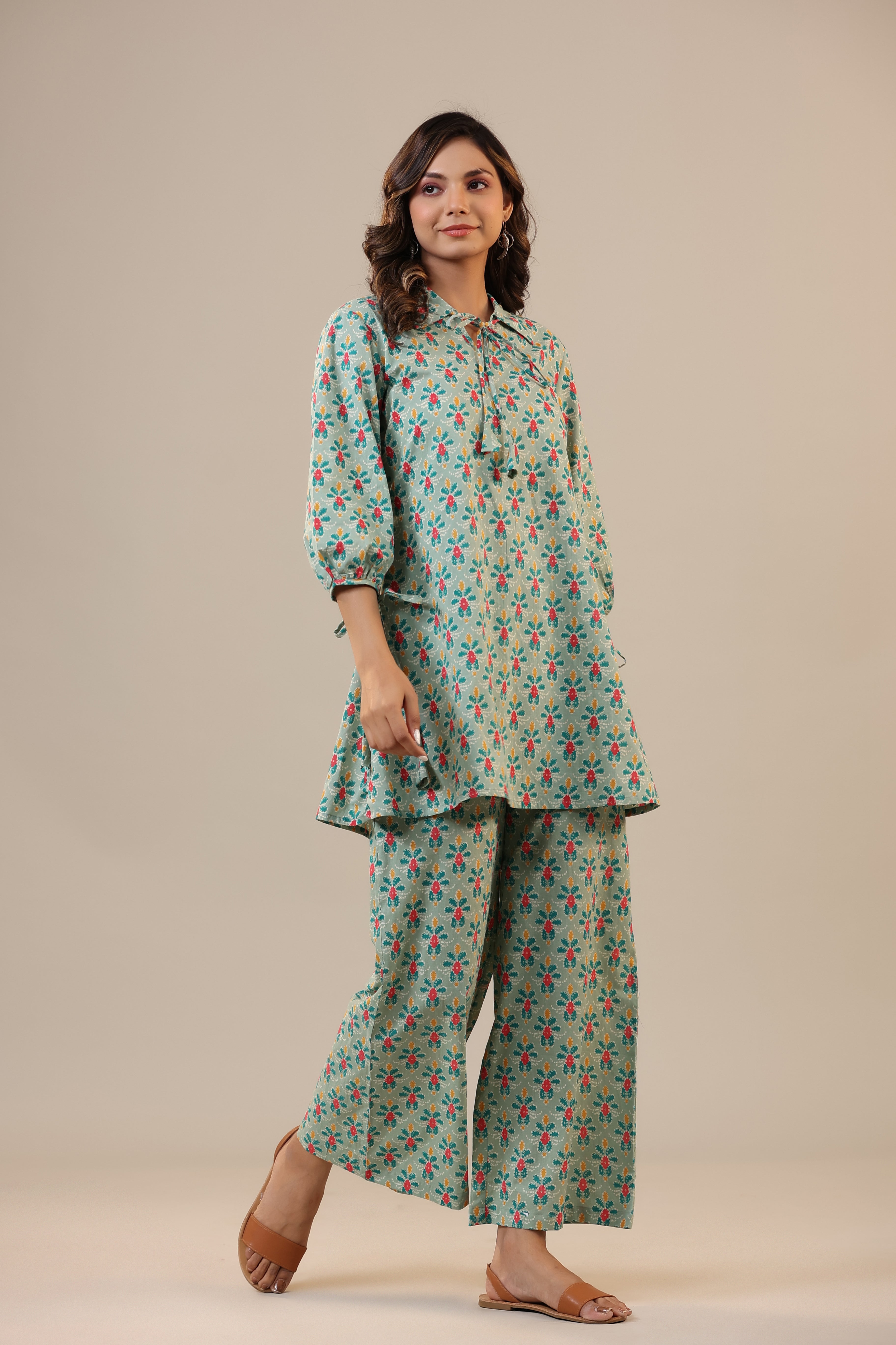 Ikat Checkered Florals on Cotton Collared Co-ord Set