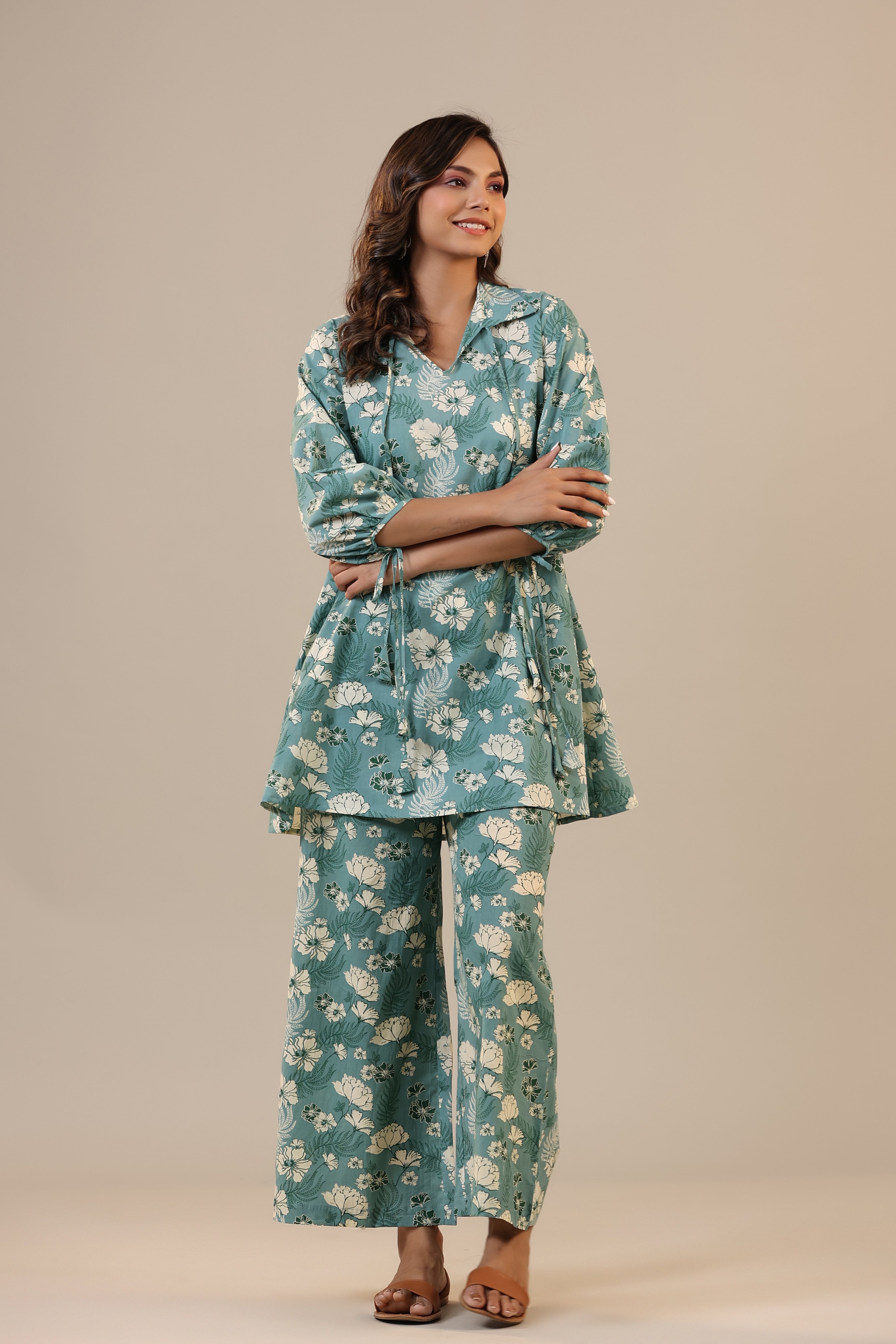 Jasmine on light Blue Cotton Collared Co-ord Set