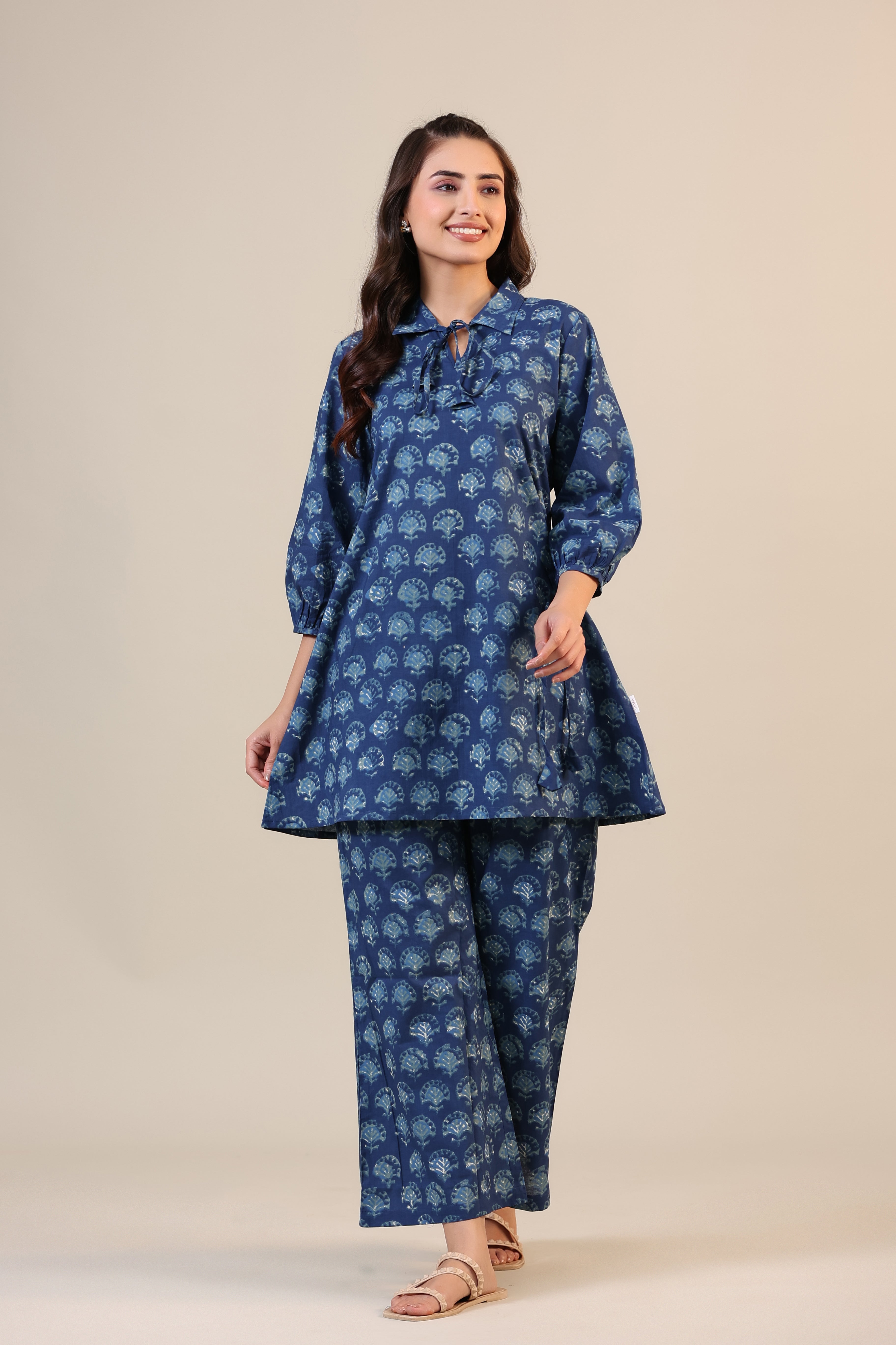 Stamped Motifs on Blue Collared Cotton Co-ord Set
