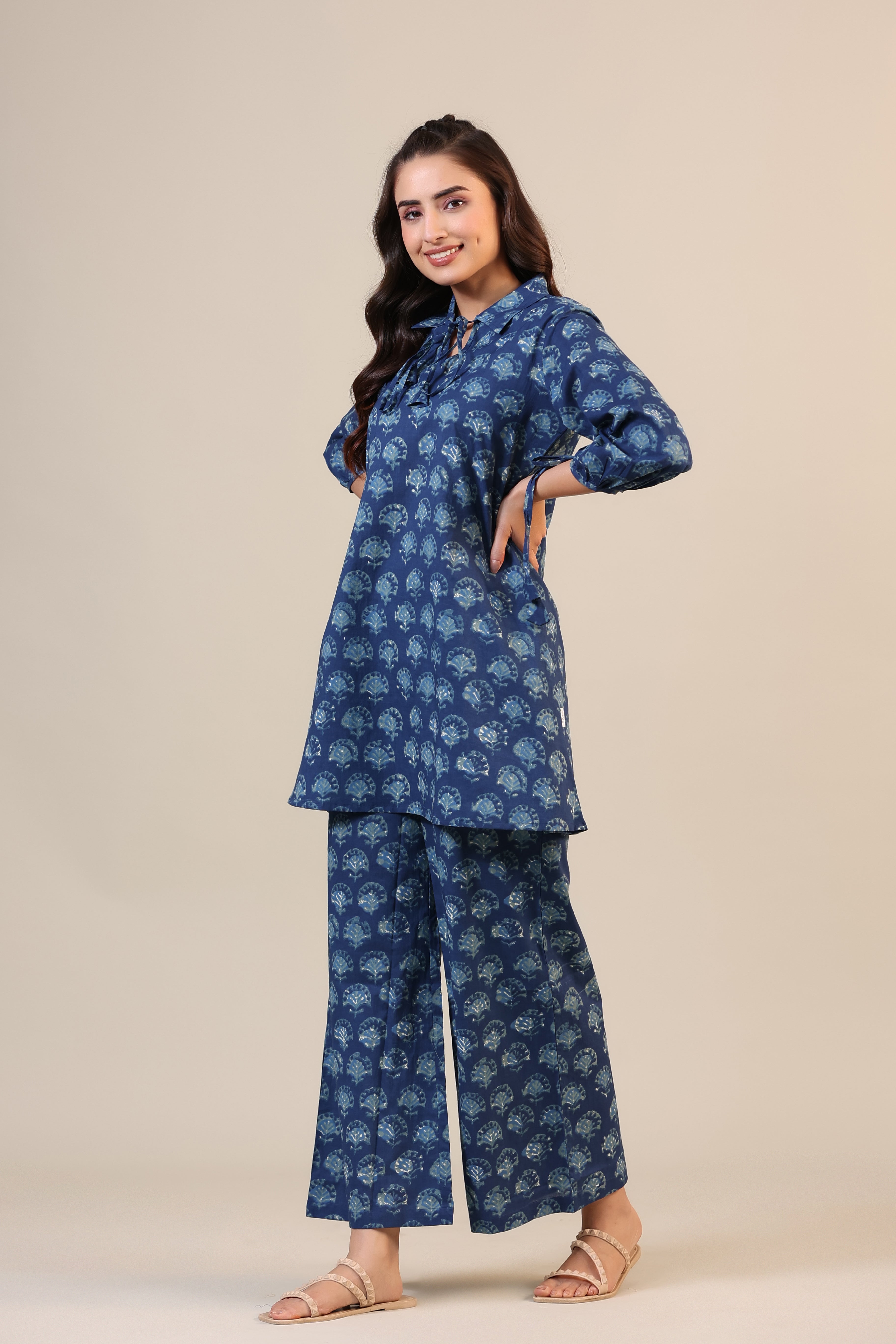 Stamped Motifs on Blue Collared Cotton Co-ord Set
