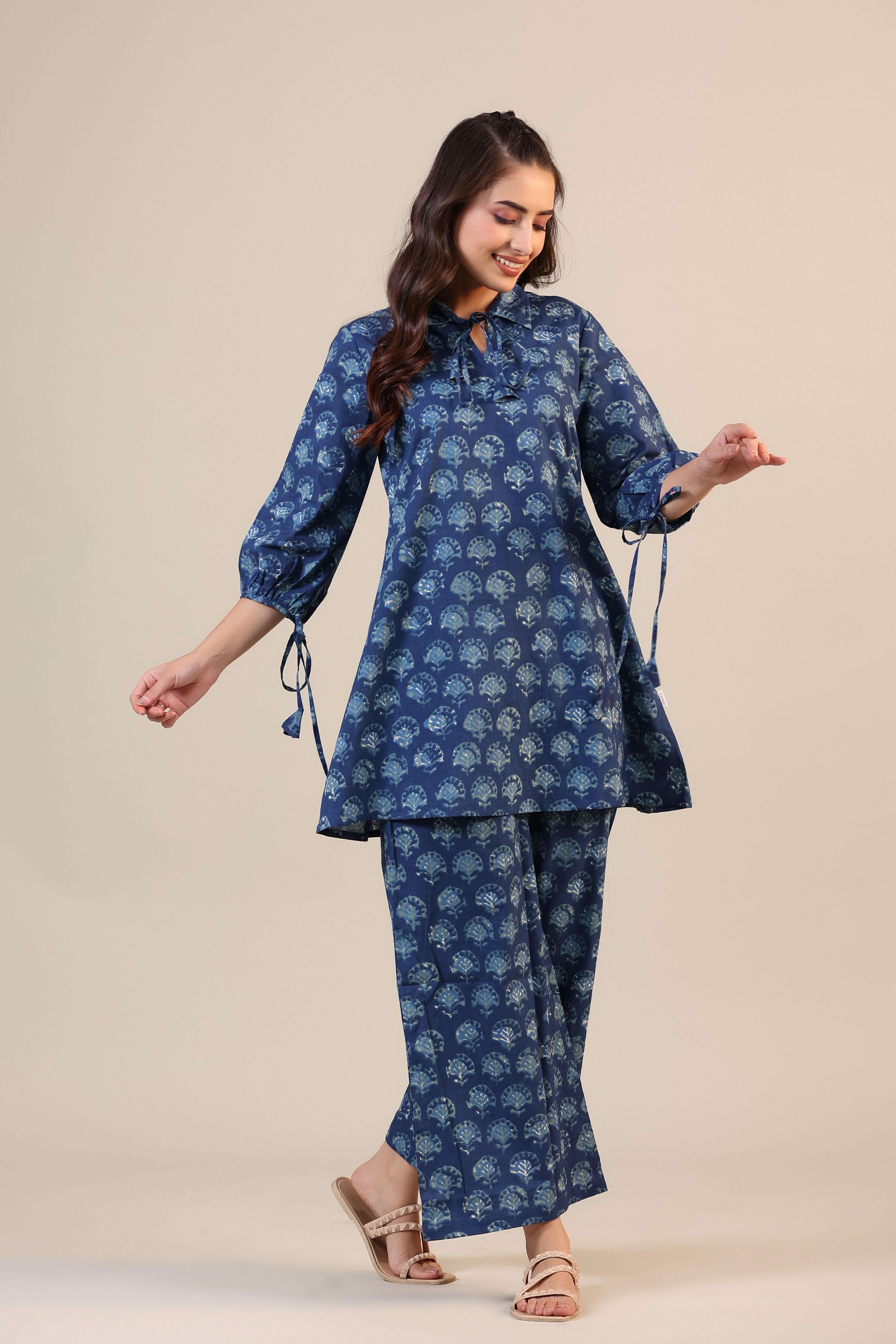Stamped Motifs on Blue Collared Cotton Co-ord Set