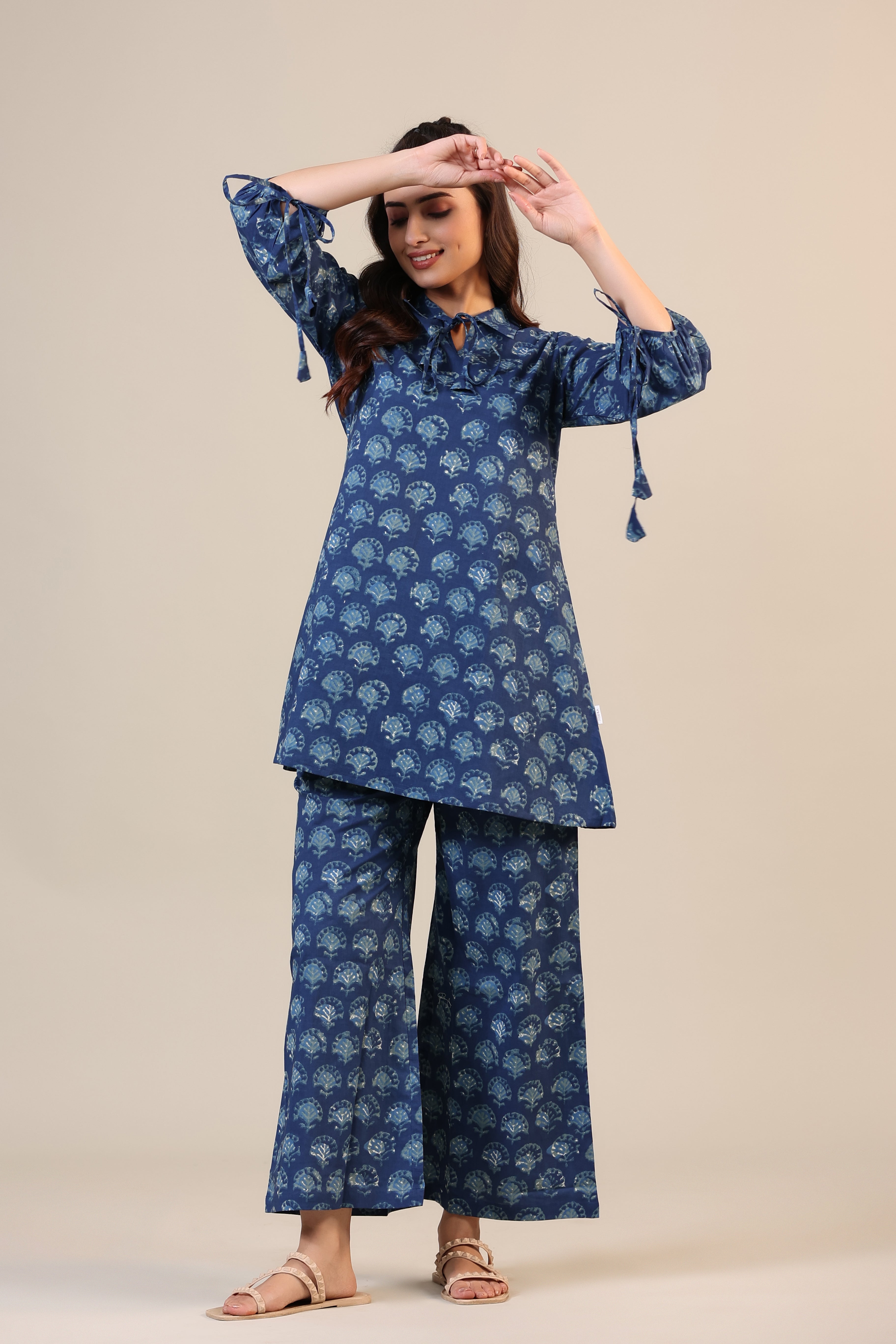 Stamped Motifs on Blue Collared Cotton Co-ord Set