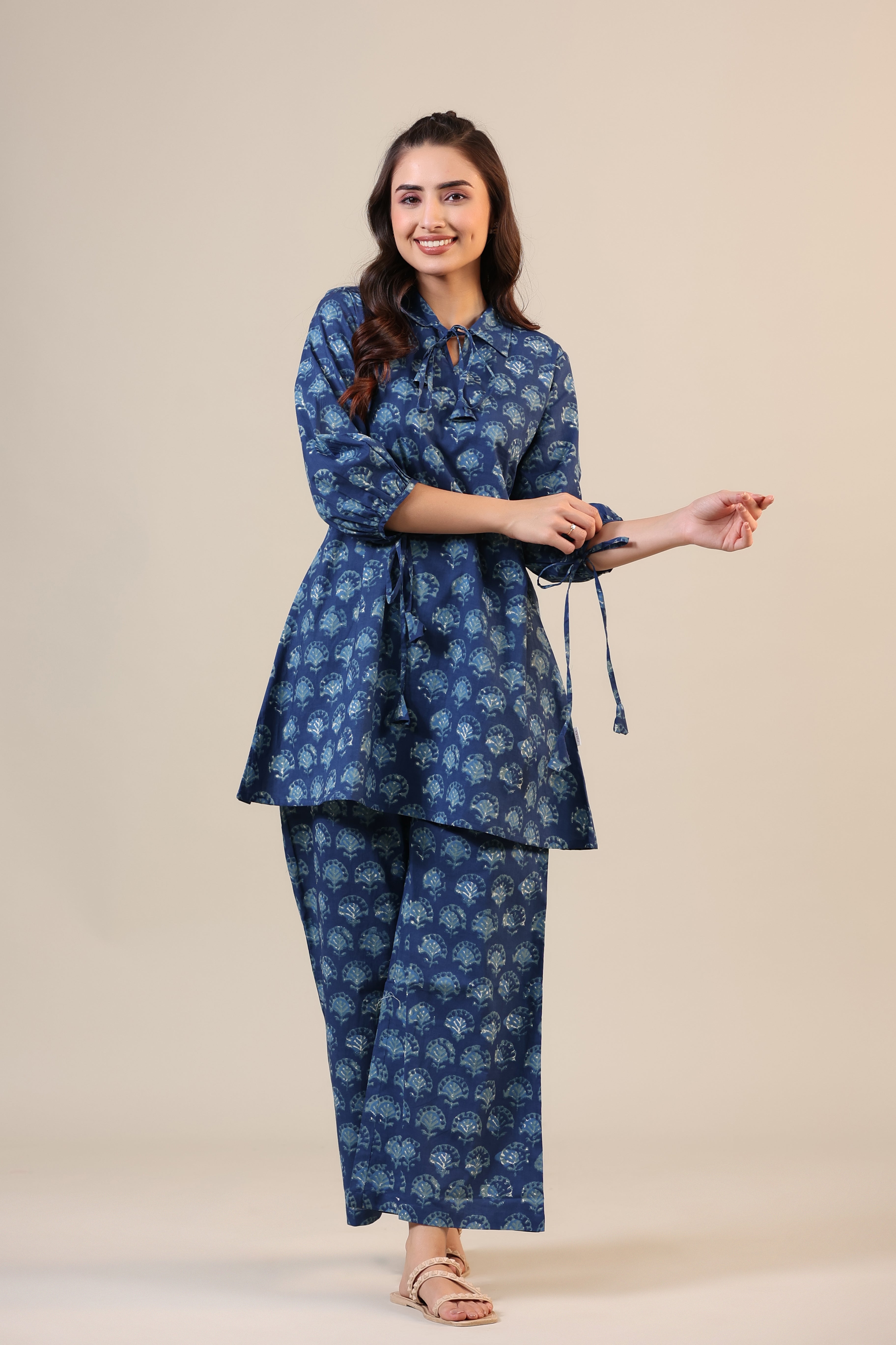 Stamped Motifs on Blue Collared Cotton Co-ord Set