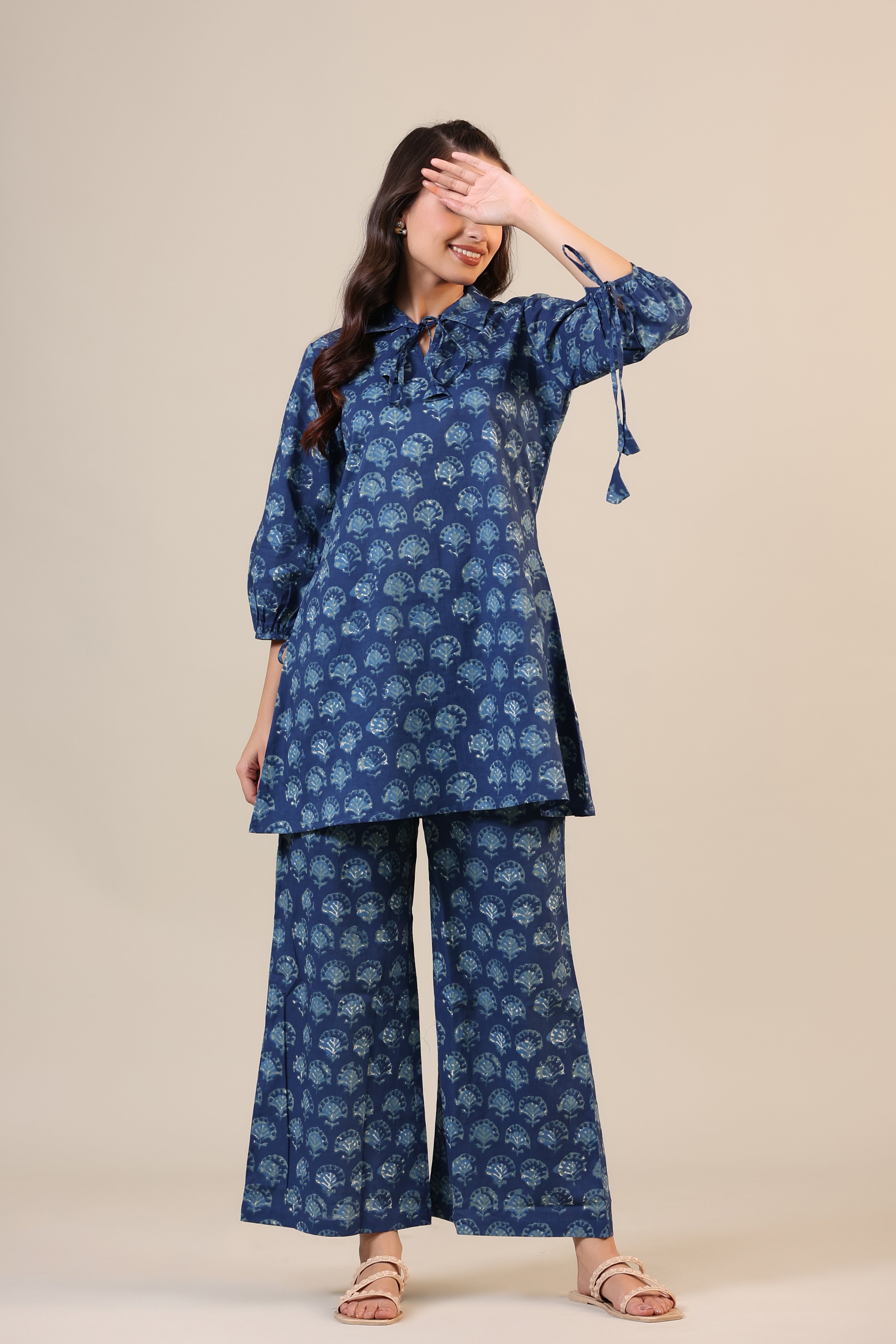 Stamped Motifs on Blue Collared Cotton Co-ord Set