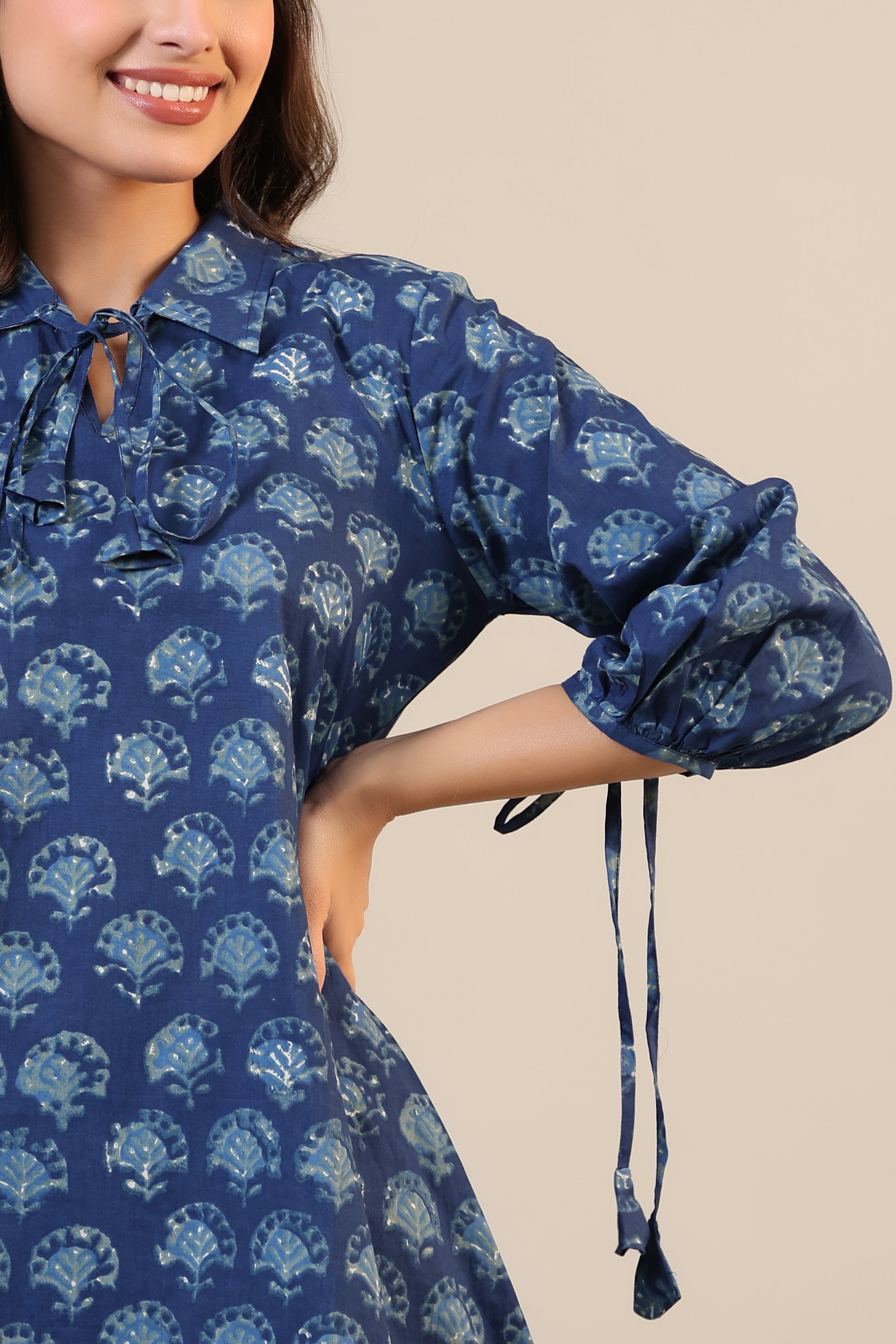 Stamped Motifs on Blue Collared Cotton Co-ord Set