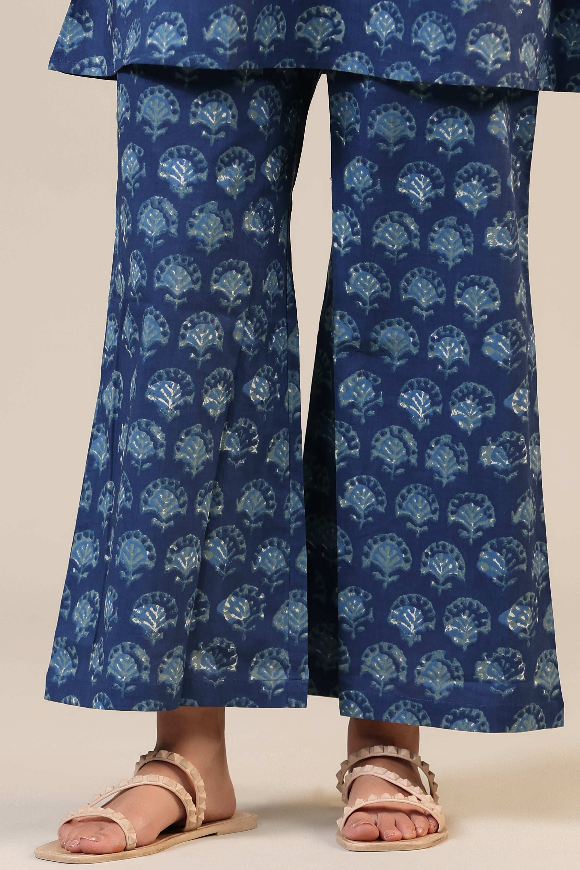 Stamped Motifs on Blue Collared Cotton Co-ord Set