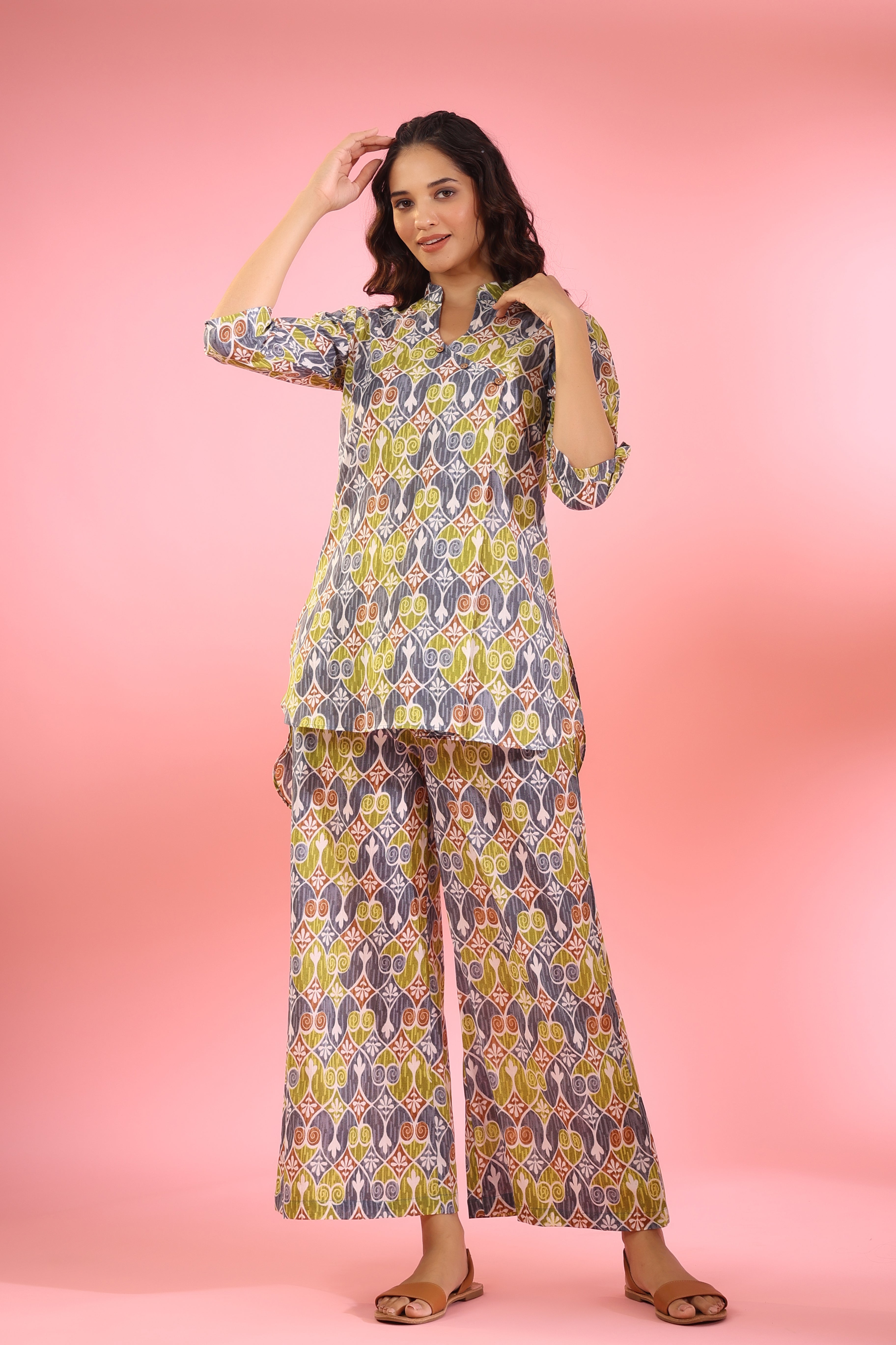 Geometric Print on Grey Cotton Co-ord Set