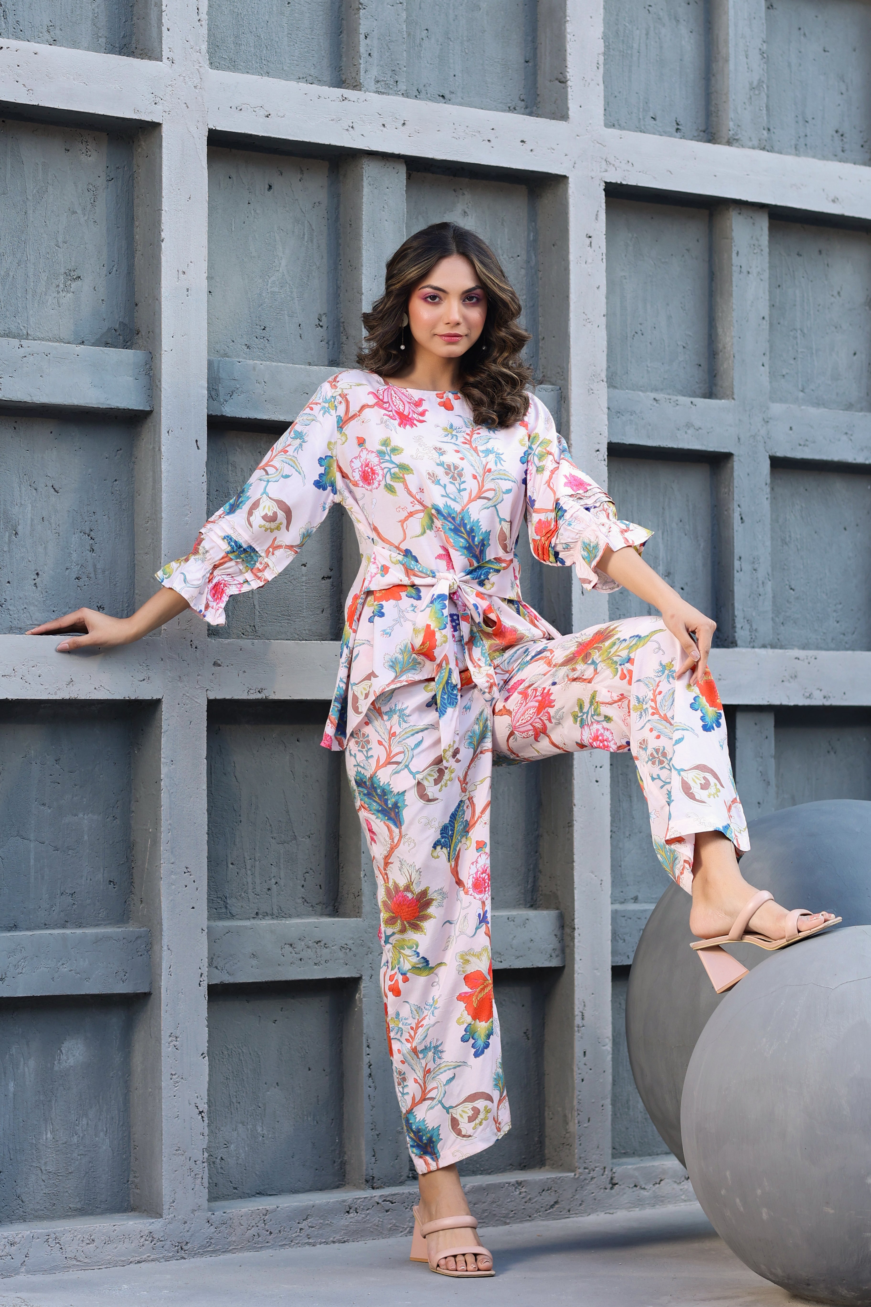 Floral Jaal on Pink Front Tie Russian Silk Co-ord set